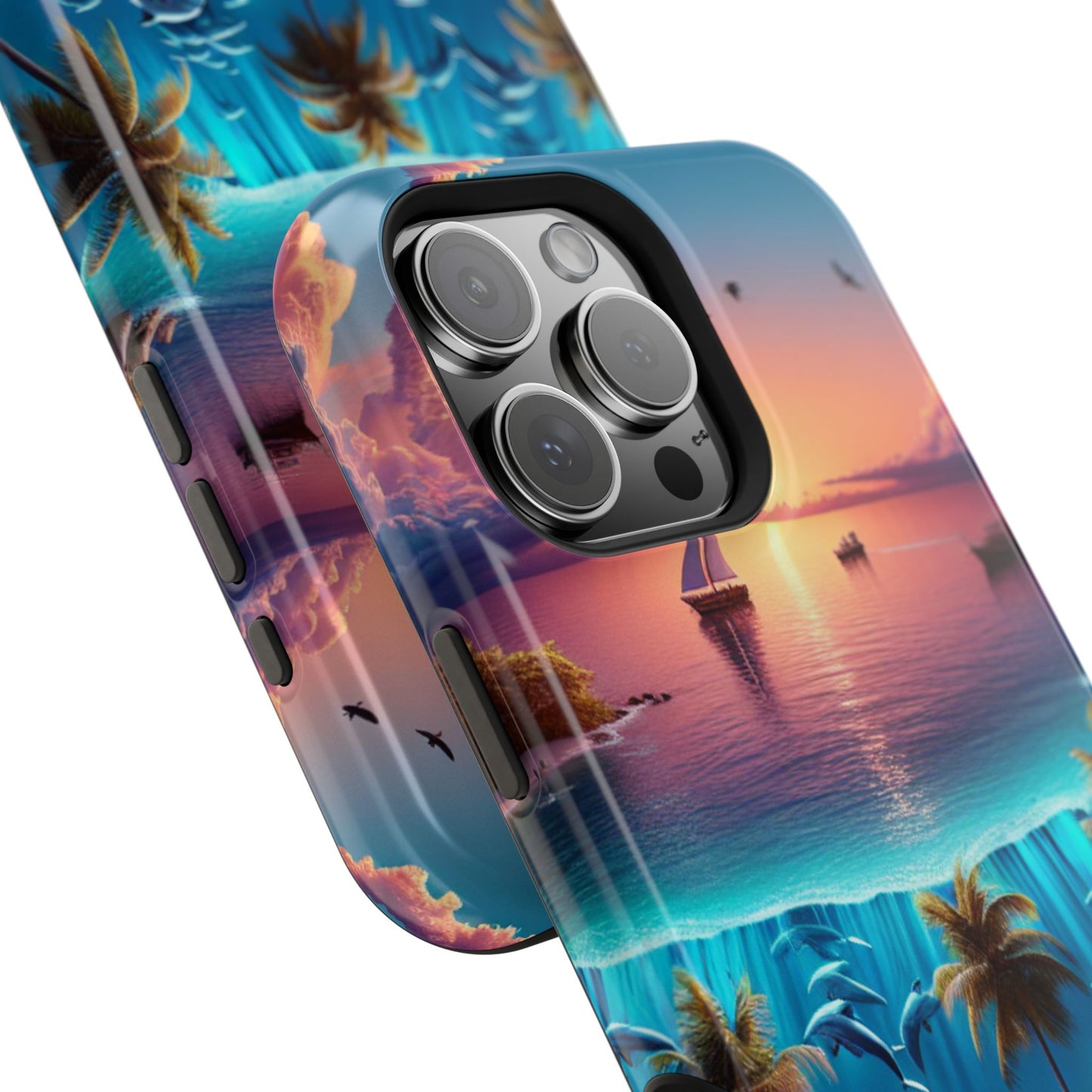 Magnetic Tough Phone case for phone 16 15 14 13 Pro Plus and Max "Sunset Serenity: A Tropical Solitude" - Tough Phone Case with Tropical Beach Sunset Dolphins ande Sailboats HD Art