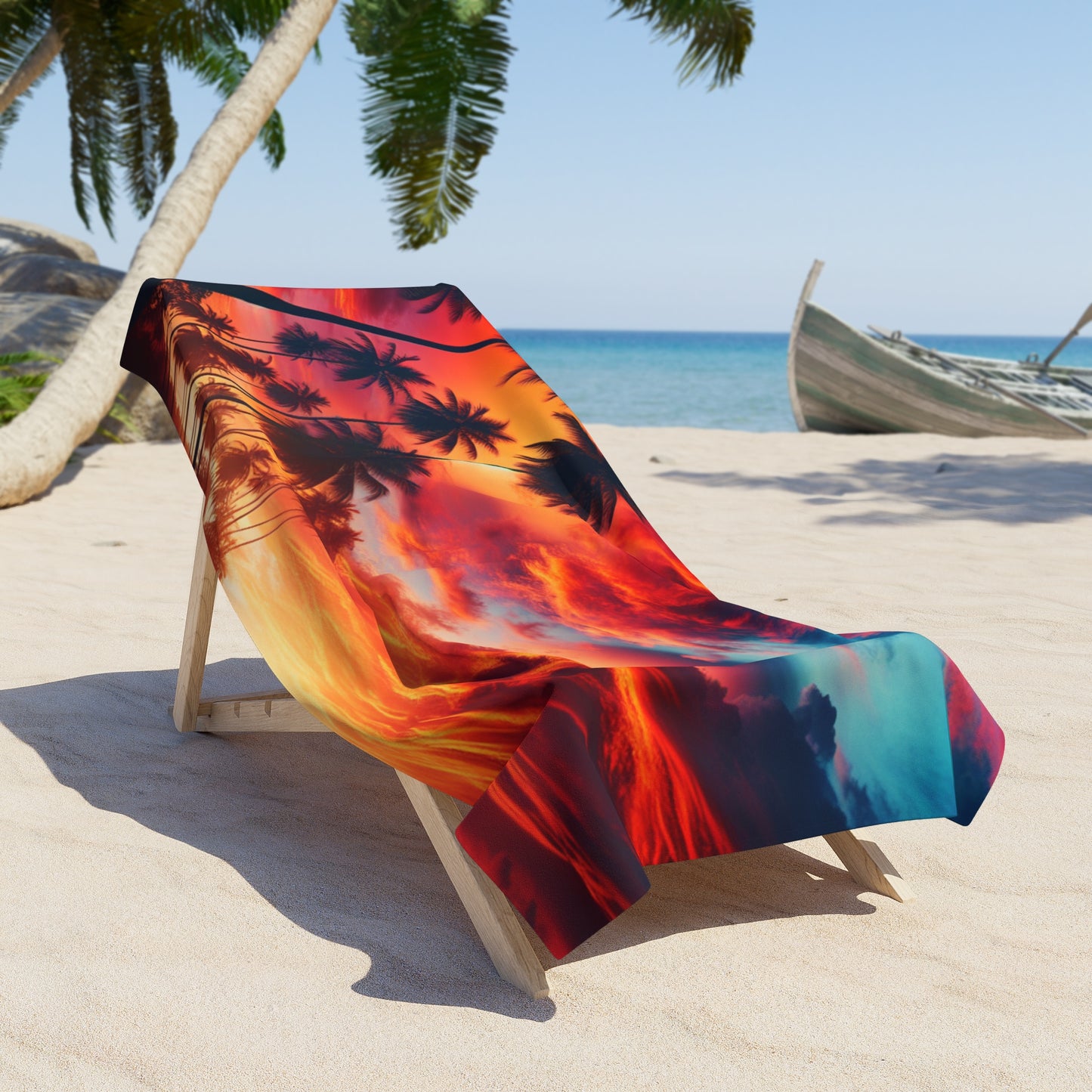 "Serenity Sands: A Tropical Twilight Masterpiece" - Tropical Beach Sunset with Palm Trees Beach Towel