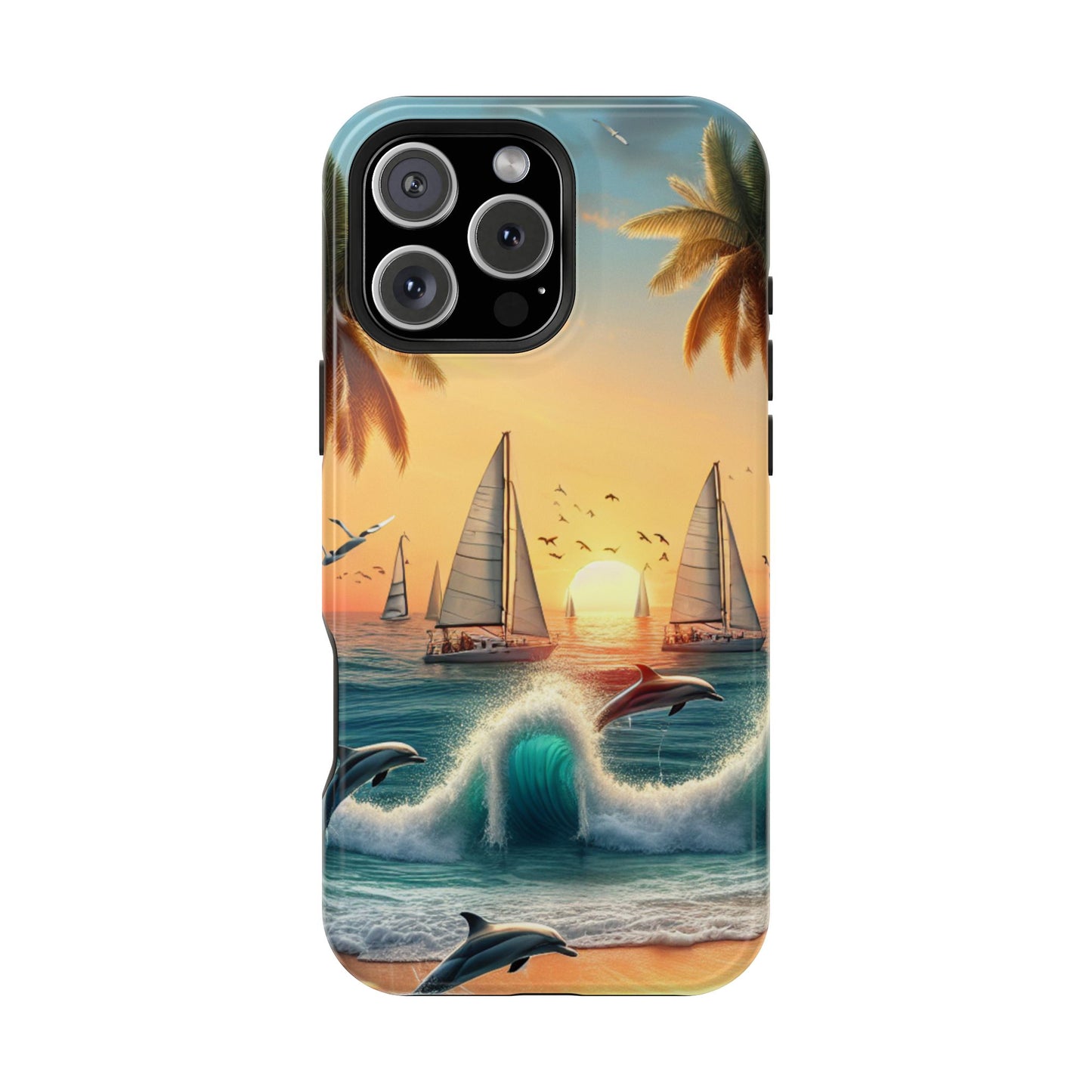 Phone Case, Magnetic Tough Cases, Sundrenched Serenity, Iphone 13-16 Pro Plus & Max, Beach Sunset Dolphins Sailboats HD Art,