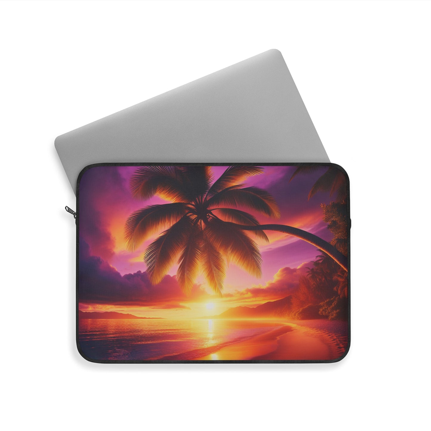 "Serenity Sands: A Tropical Twilight Tapestry" - Laptop Sleeve with Tropical Beach Sunset with Palm Trees Art