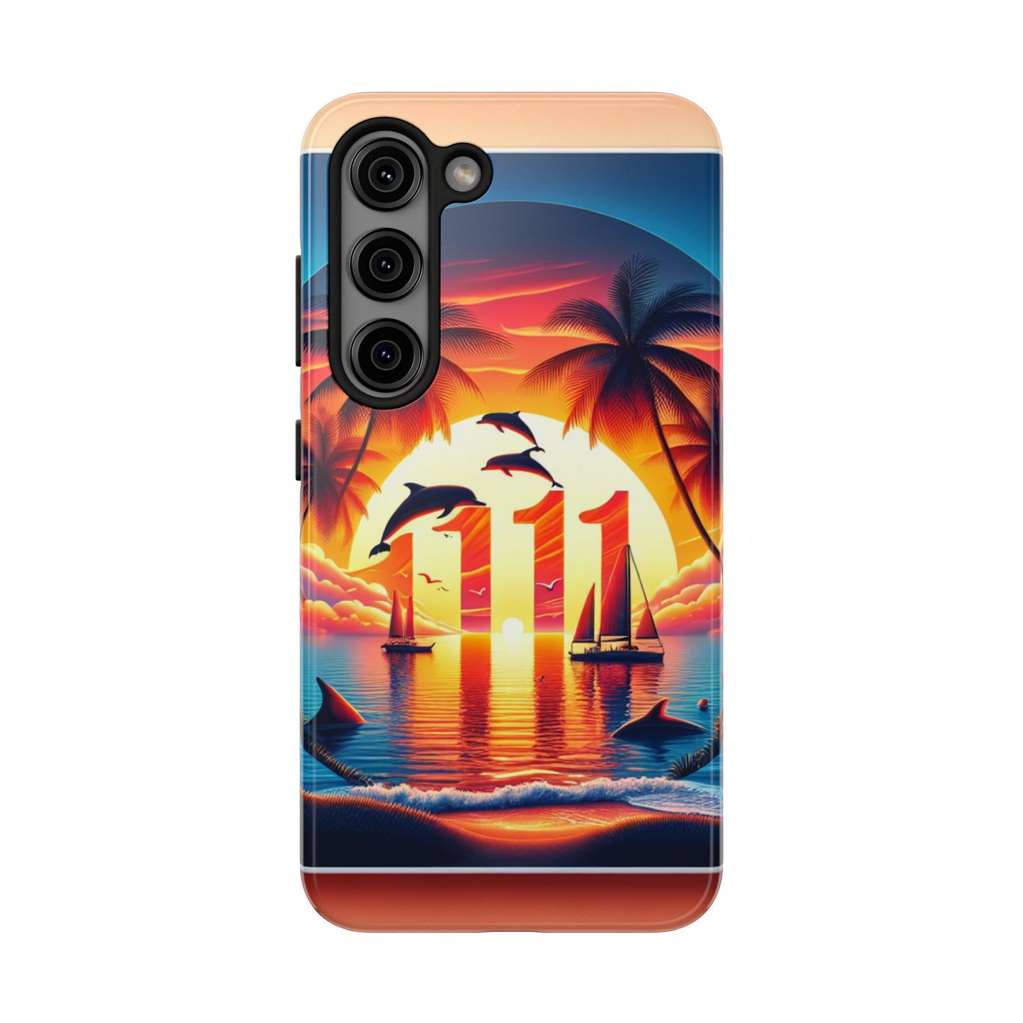 Samsung Galaxy S24 S23 S22 S21 Tough Phone Case "Serene Sundown: A Tropical Tapestry" - 1111 Tropical Beach Palm Trees, Dolphins, and Sailboats Art