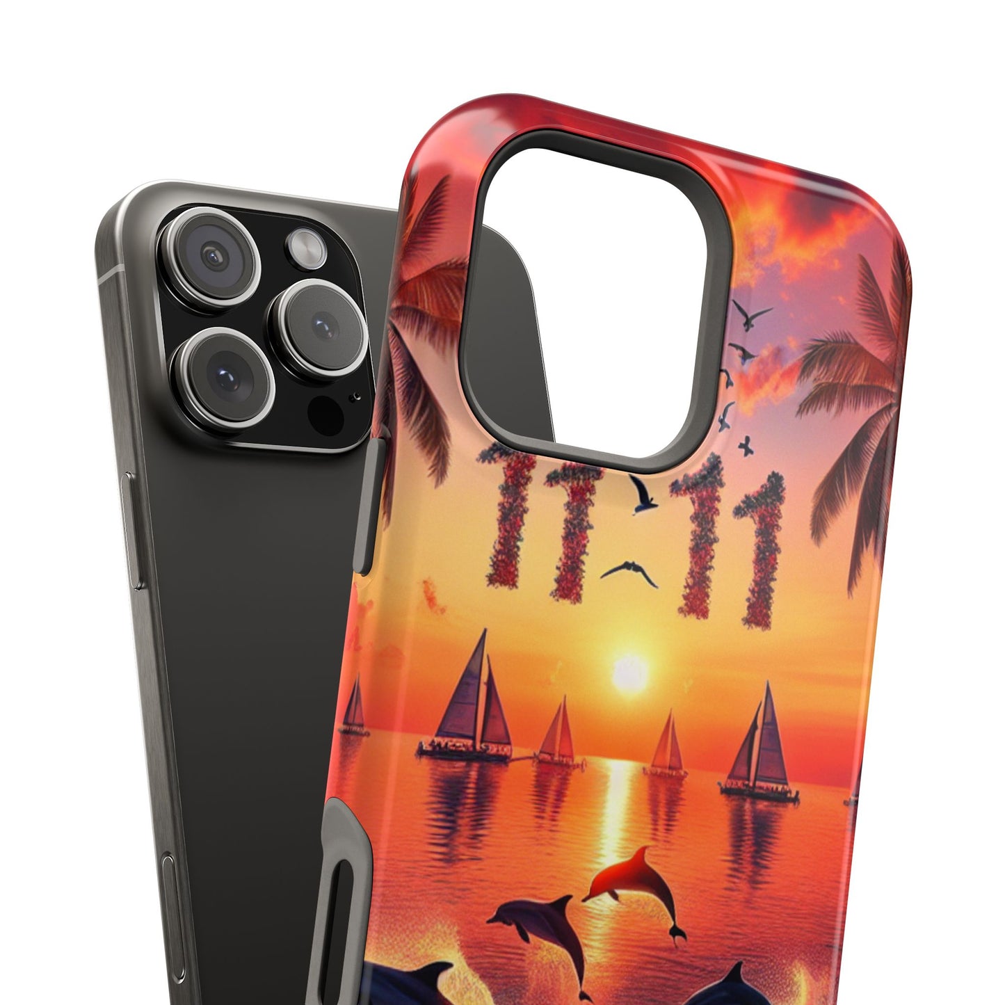 Magnetic Tough Phone case for phone 16 15 14 13 Pro Plus and Max 1111 "Sundrenched Serenity: A Tropical Twilight Masterpiece" - Tough Phone Case with Tropical Beach Sunset Dolphins ande Sailboats HD Art