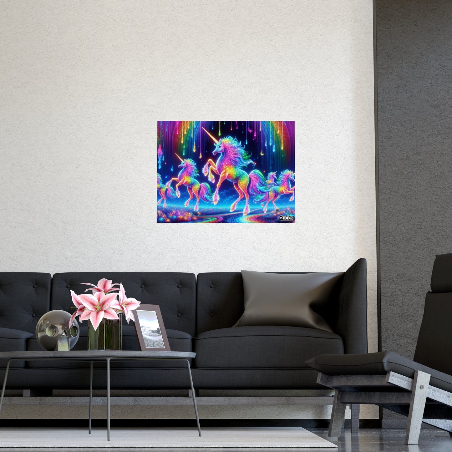TDB Enchanting NEON Unicorns in Rainbows Vertical and Horizontal Matte Posters