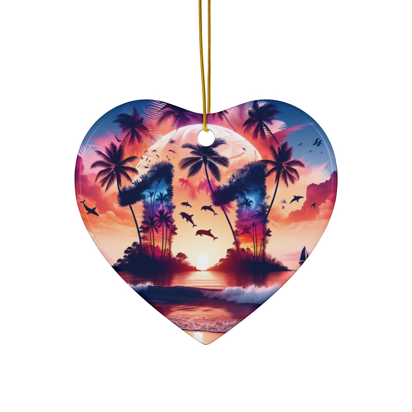 Ceramic Ornament Star, Heart, Snowflake or Circle 1111 "Paradise Dusk: A Tropical Serenity" - Tropical Beach Sunset with Palm Trees, Dolphins, and Sailboats