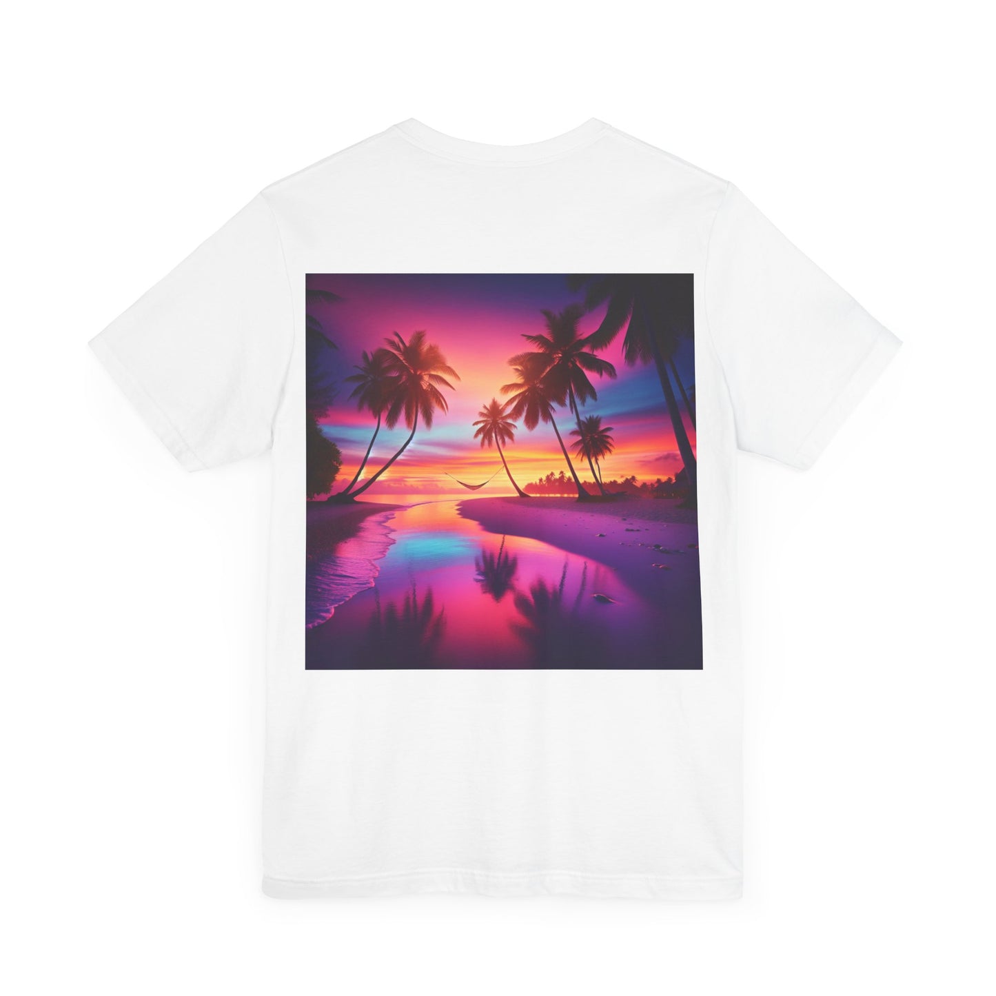 "Serenity Splash: A Tropical Twilight Masterpiece" - Tropical Beach Sunset with Palm Trees Unisex Tee