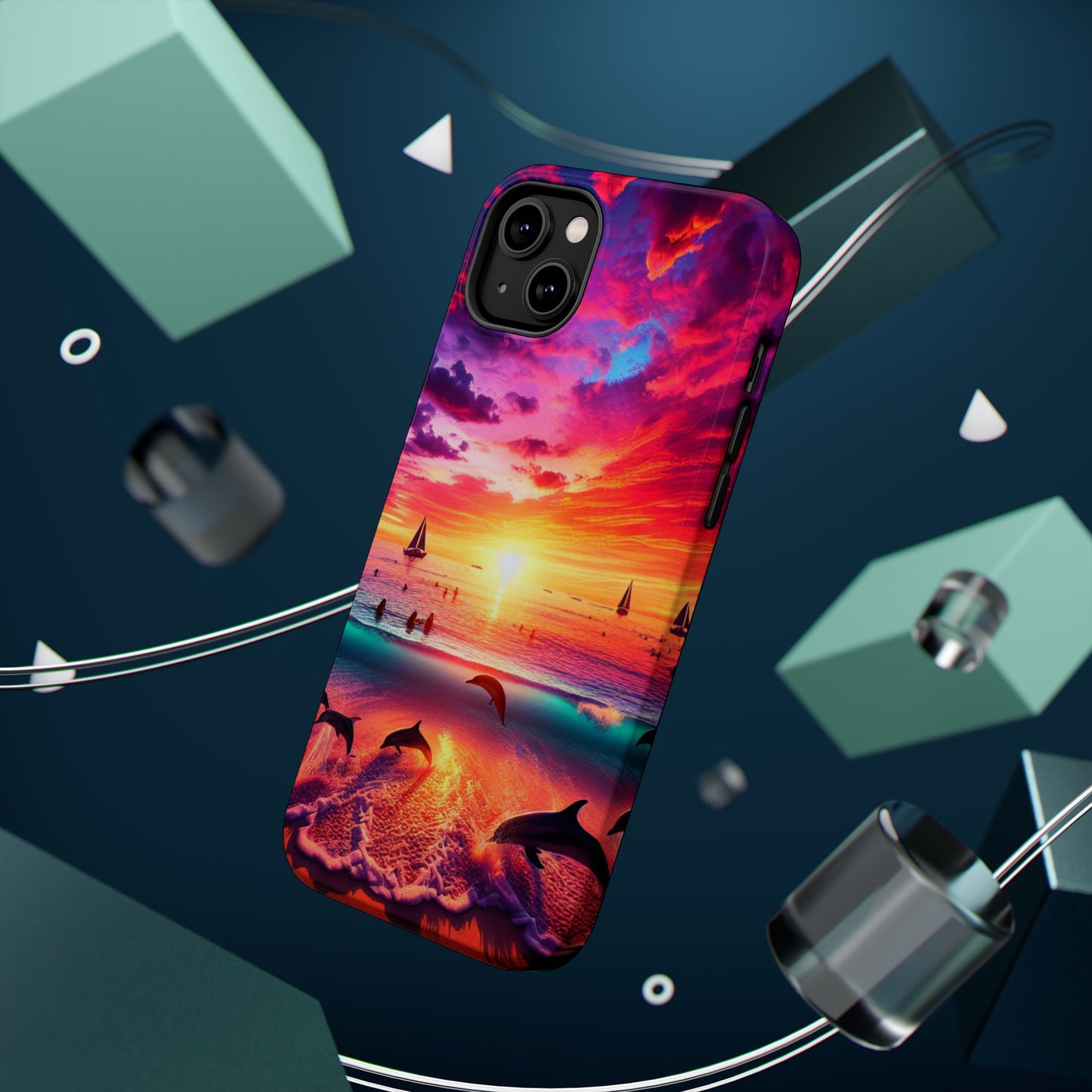 Magnetic Tough Phone case for phone 16 15 14 13 1111 "Paradise Dusk: An Enchanting Tropical Display" - Tough Phone Case with Tropical Beach Sunset Dolphins ande Sailboats HD Art