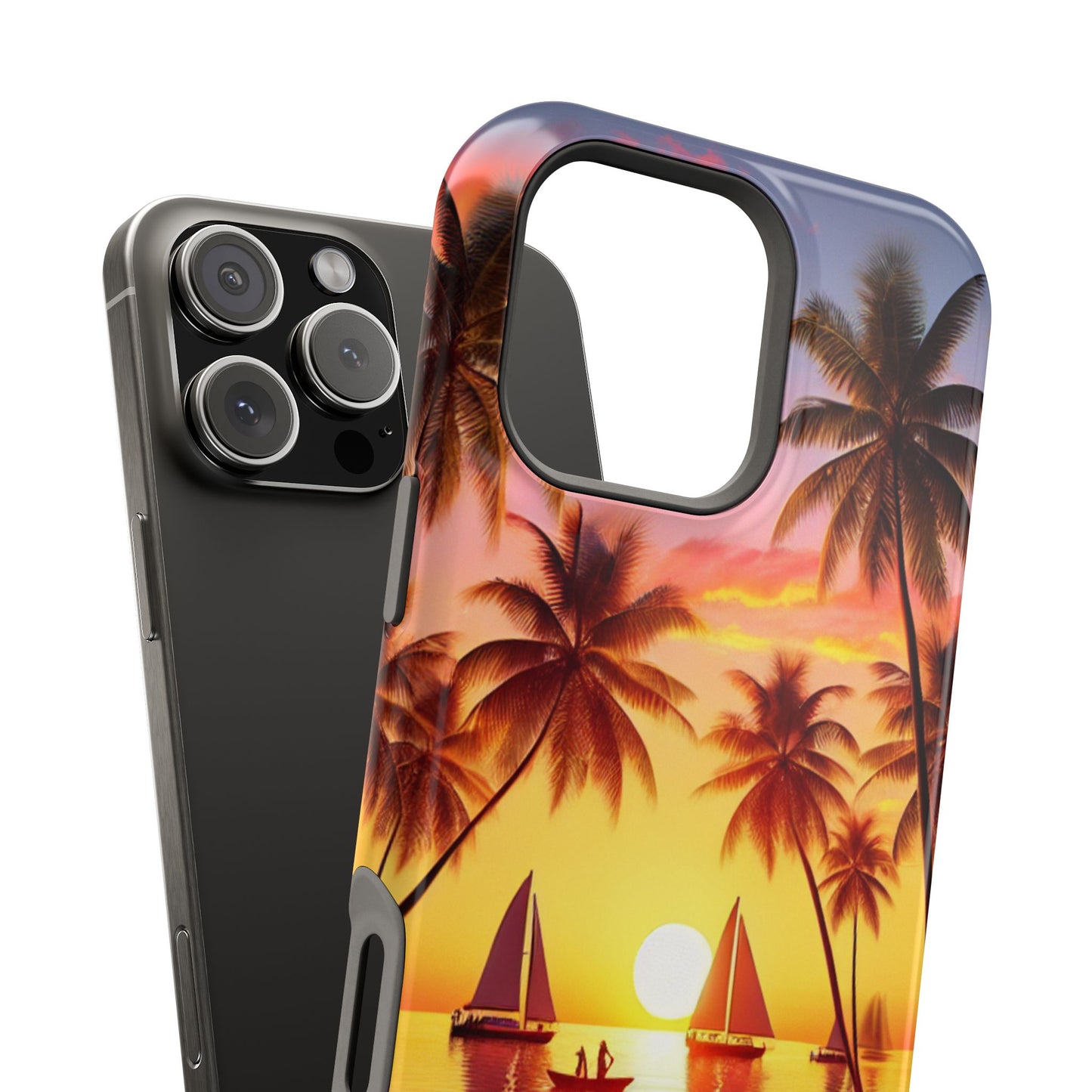 Magnetic Iphone 16 15 14 13 Pro and Max "Serenity at Sunset: A Tropical Tranquility" - Tough Phone Case with Tropical Beach Sunset Dolphins and Sailboats HD Art