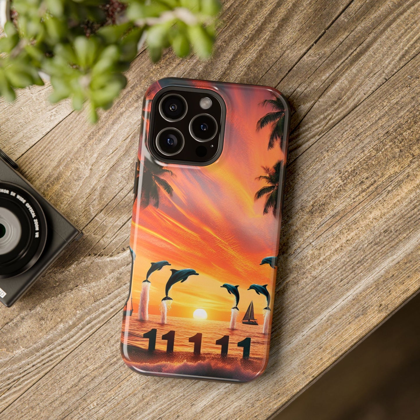 Magnetic Tough Phone case for phone 16 15 14 13 Pro Plus and Max 11111 "Tropical Serenity: Sundown Symphony" - Tough Phone Case with Tropical Beach Sunset Dolphins ande Sailboats HD Art