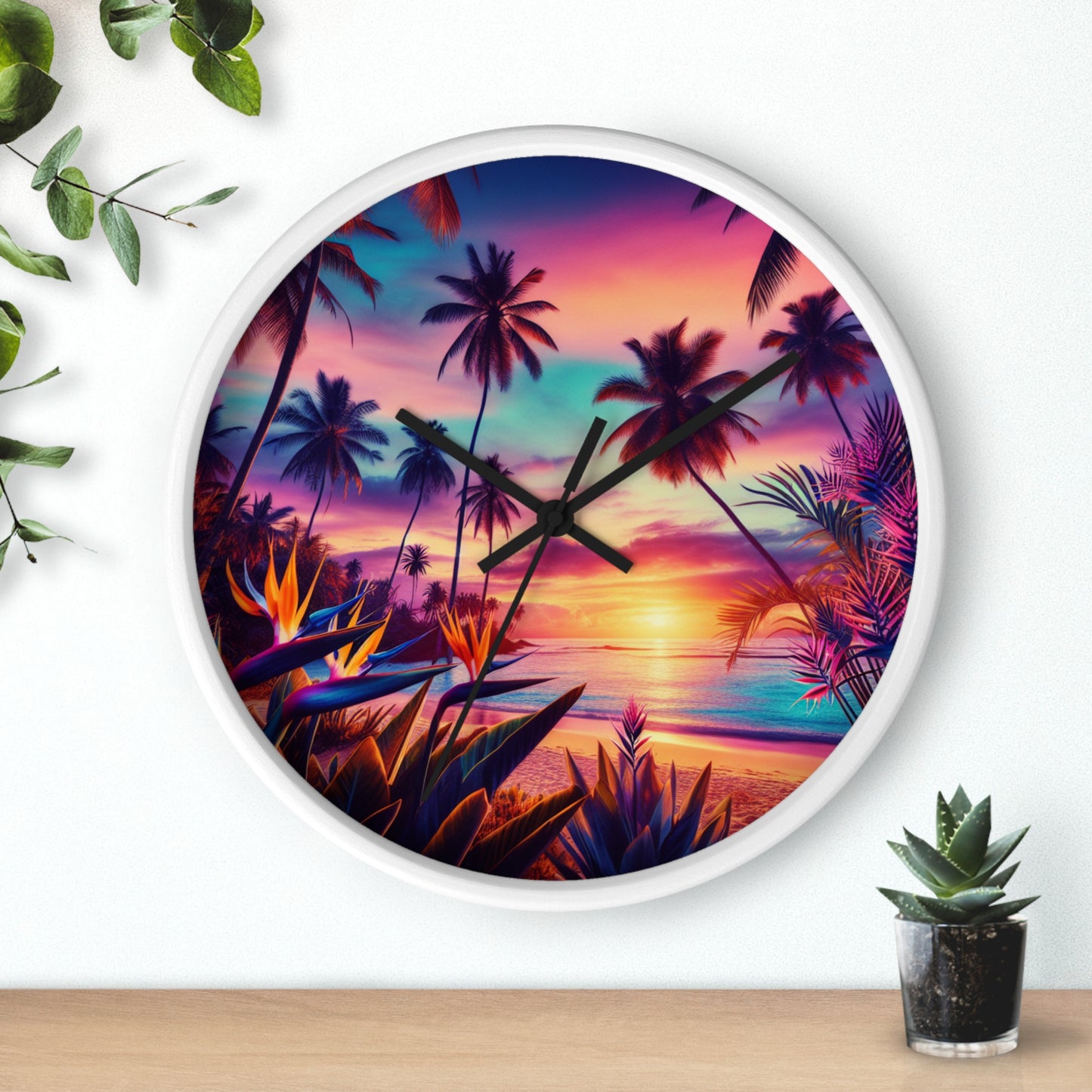 "Paradise Dusk: A Tropical Serenade" - Tropical Beach at Sunset 10" Wall Art Clock