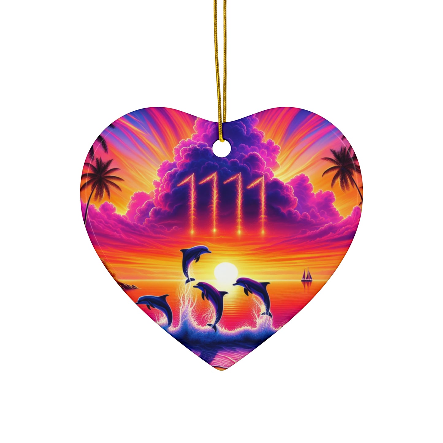 Ceramic Ornament Star, Heart, Snowflake or Circle 1111 "Paradise Dusk: A Tropical Symphony of Colors" - Tropical Beach Sunset with Palm Trees