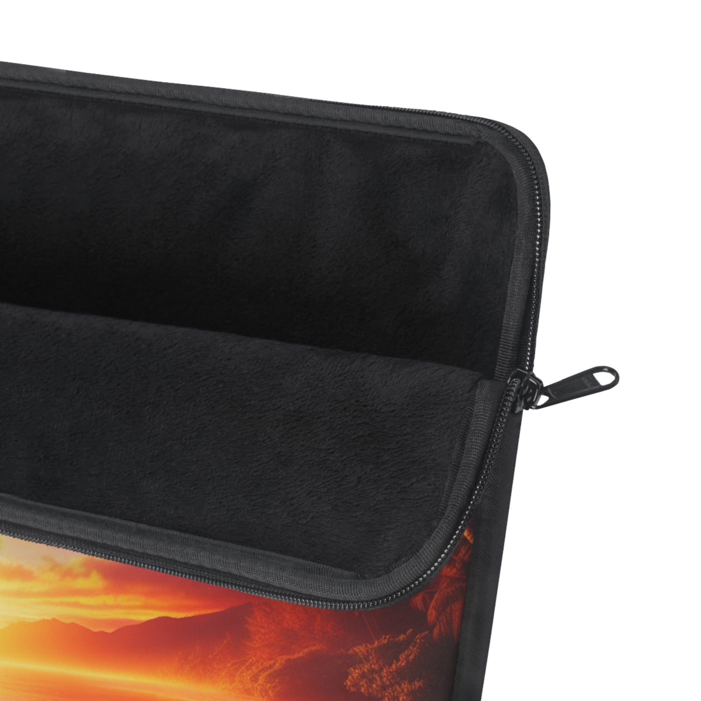"Serenity Sands: A Tropical Twilight Tapestry" - Laptop Sleeve with Tropical Beach Sunset with Palm Trees Art