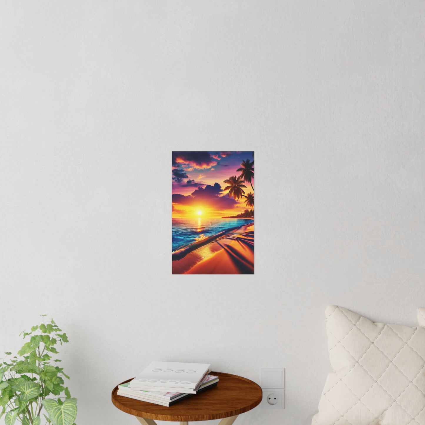 "Sunkissed Serenity: A Lush Paradise Encore" - Tropical Beach at Sunset Repositionanable Wall Art