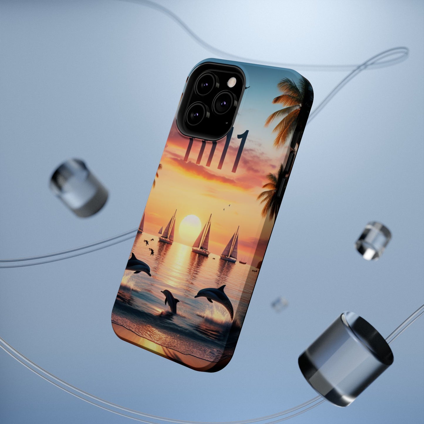 Magnetic Tough Phone case for phone 16 15 14 13 Pro Plus and Max 1111 "Sundrenched Solitude: A Tropical Twilight Tapestry" - Tough Phone Case with Tropical Beach Sunset Dolphins ande Sailboats HD Art