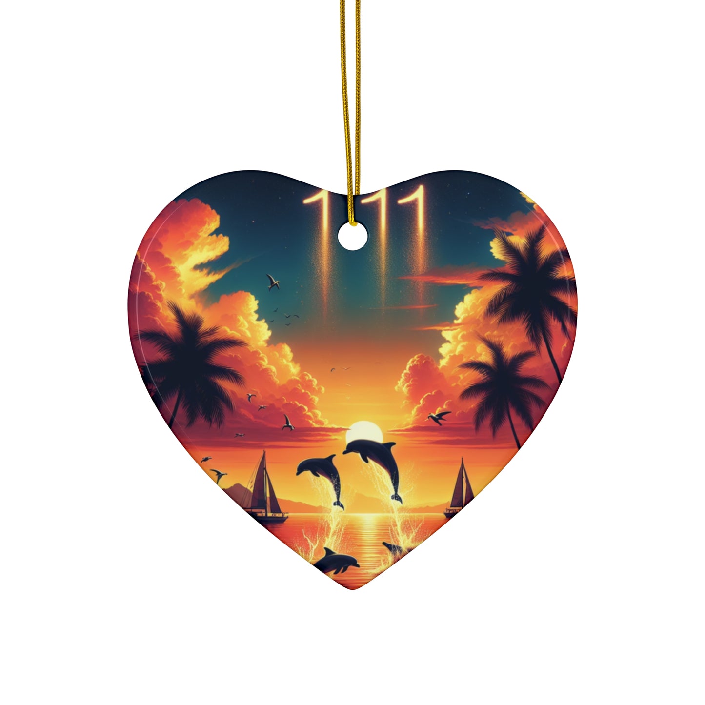 Ceramic Ornament Star, Heart, Snowflake or Circle 1111 "Serene Tropics: A Symphony of Sunset" - Tropical Beach Sunset with Palm Trees