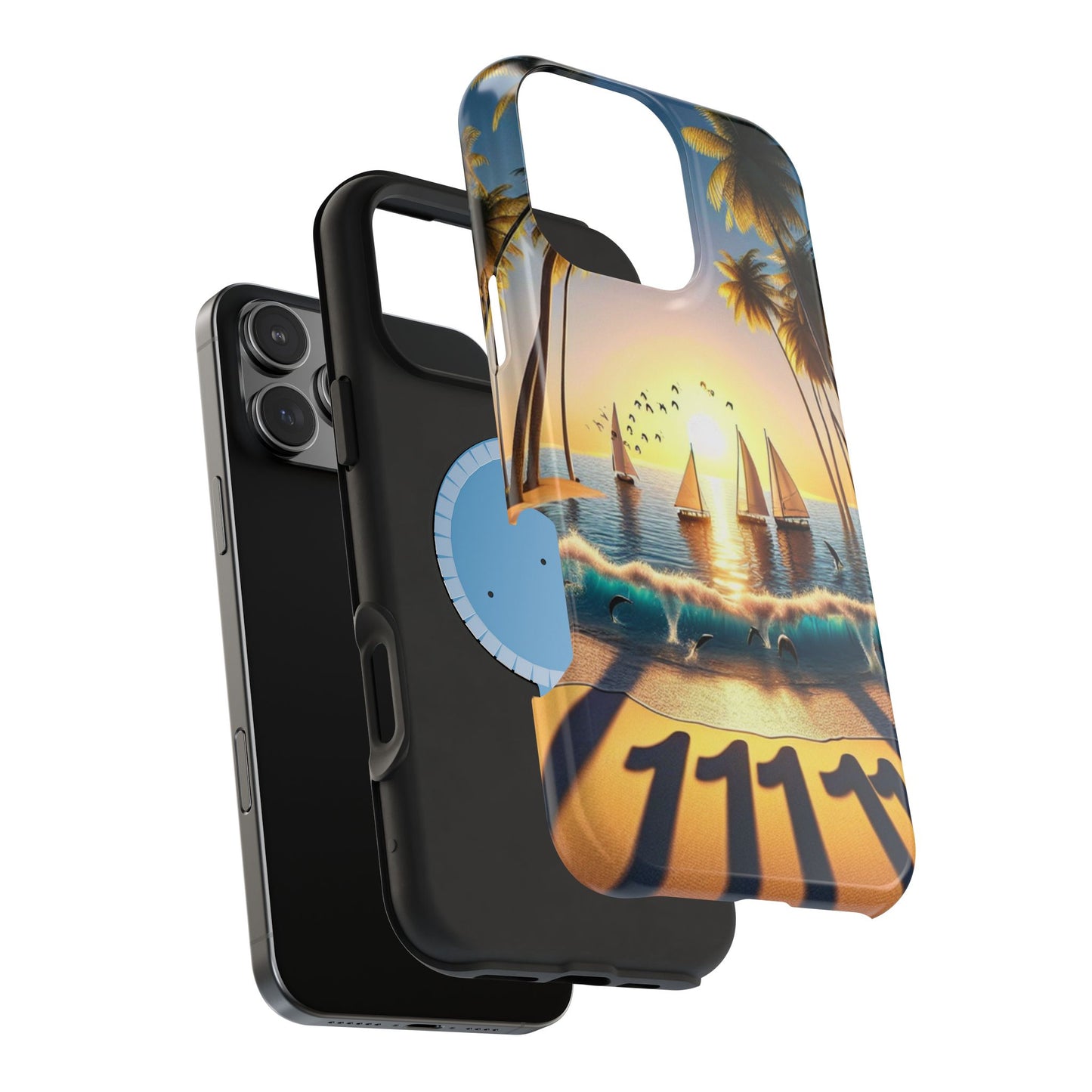 Magnetic Iphone 13-16 Pro and Max 1111 "Serene Sunset: A Tropical Paradise" - Tough Phone Case with Tropical Beach Sunset Dolphins ande Sailboats HD Art