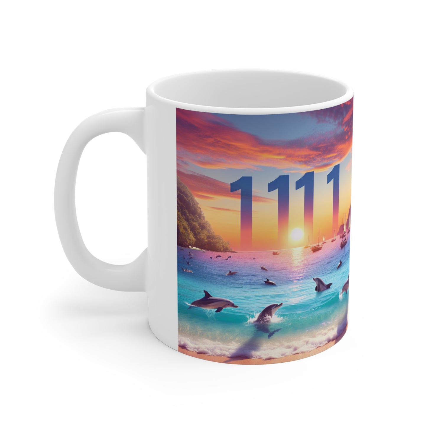 Tropical Dolphin Sunset 11oz Mug, Positive Mindset Reminder, Angel Number 1111, Beach Sailboat Coffee Cup, Goal Visualization Gift, Ocean