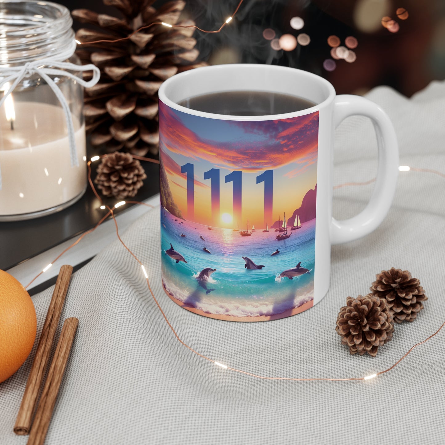 Tropical Dolphin Sunset 11oz Mug, Positive Mindset Reminder, Angel Number 1111, Beach Sailboat Coffee Cup, Goal Visualization Gift, Ocean