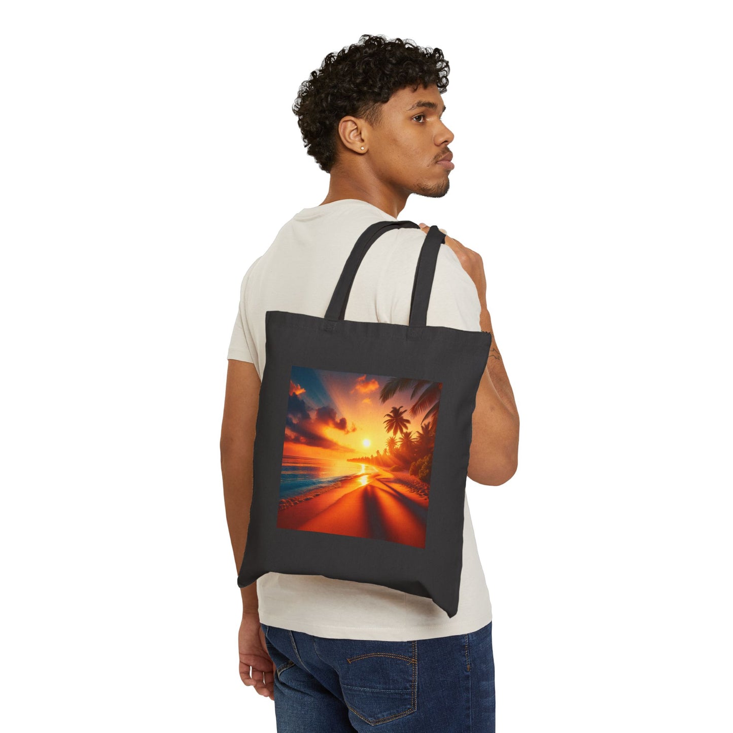 "Paradise Dreams: A Tropical Dusk Symphony" - Natural or Black Cotton Canvas Tote Bag with Tropical Beach Sunset and Palm Trees