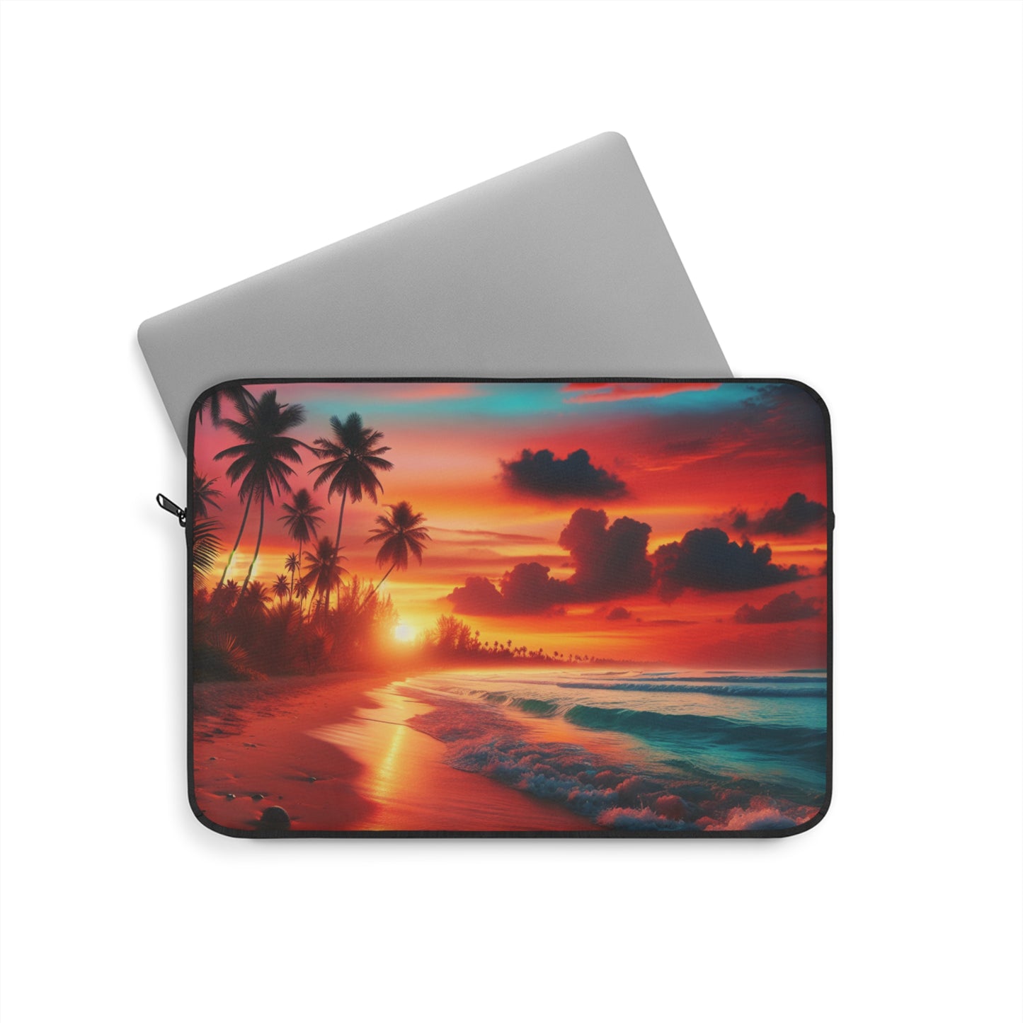 "Paradise Serenade: An Amber Sky Symphony" - Laptop Sleeve with Tropical Beach Sunset with Palm Trees Art