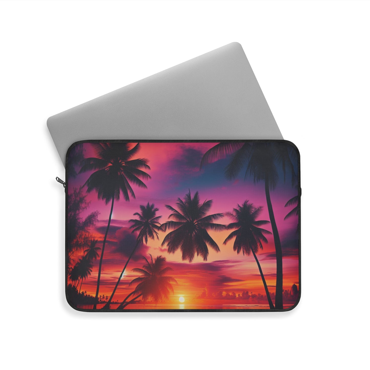 "Paradise Bliss: Tropical Sunset Serenade" - Laptop Sleeve with Tropical Beach Sunset with Palm Trees Art