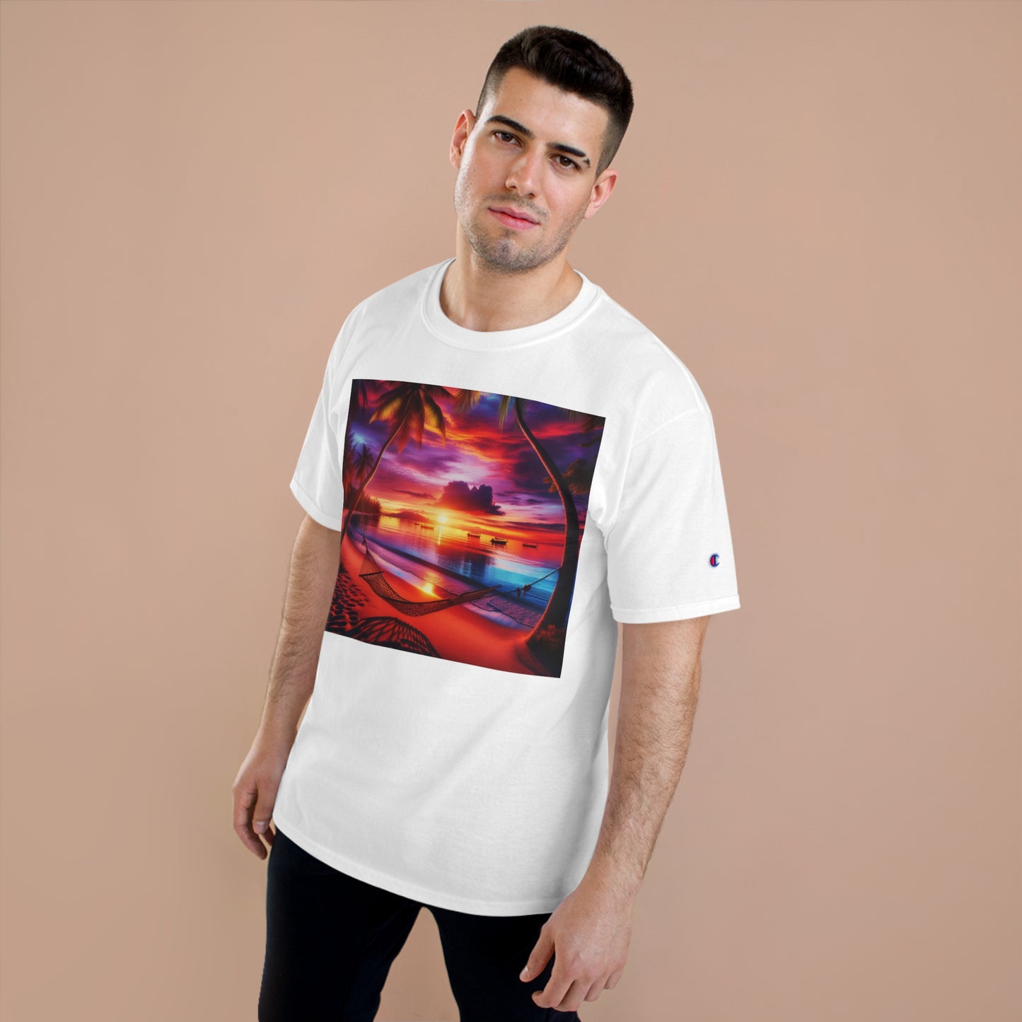 "Serenity Sands - The Aura of Tropical Twilight" - Champion Tee Tropical Beach Sunset with Palm Trees