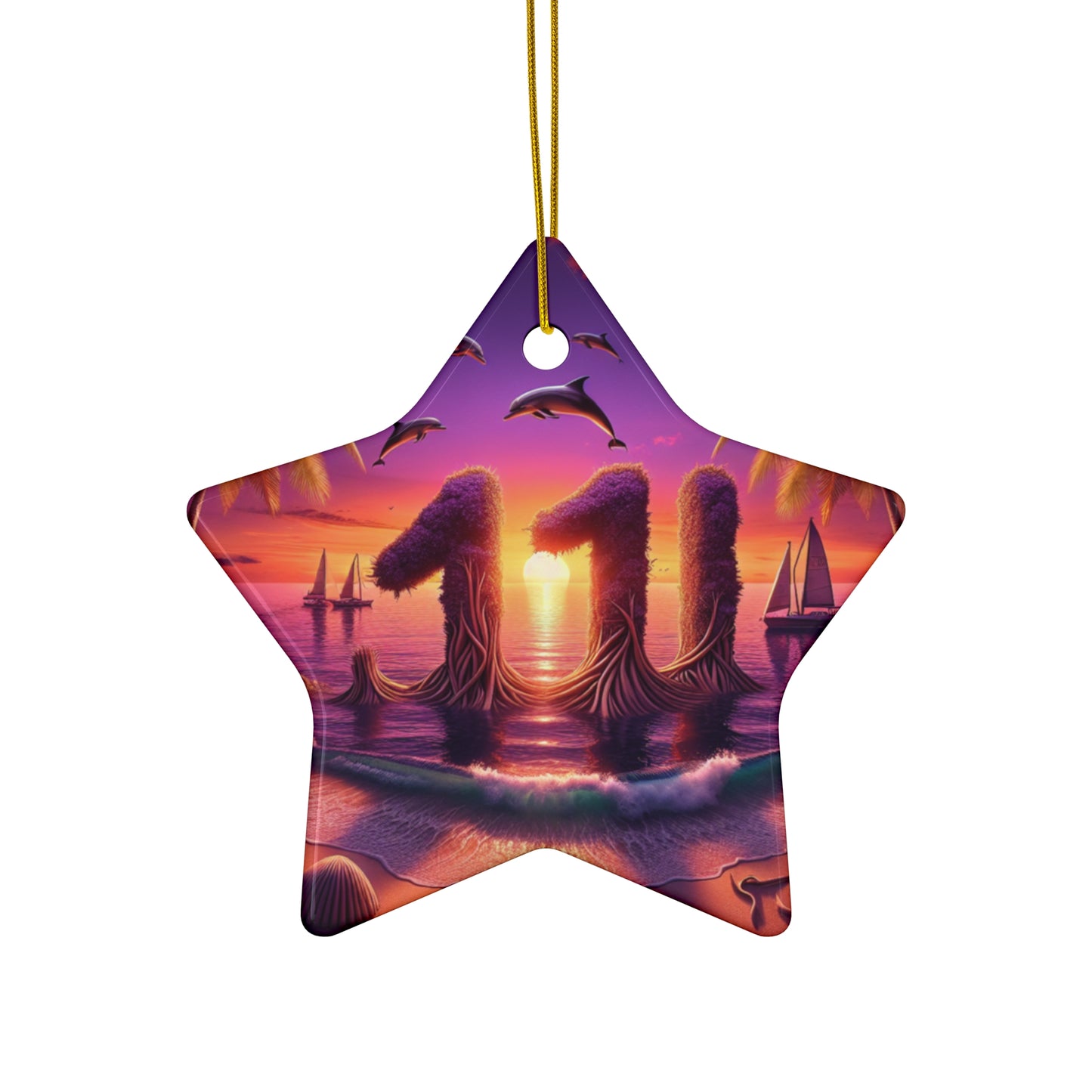 Ceramic Ornament Star, Heart, Snowflake or Circle 1111 "Paradise Pursuit: A Tropical Twilight Masterpiece" - Tropical Beach Sunset with Palm Trees, Dolphins, and Sailboats