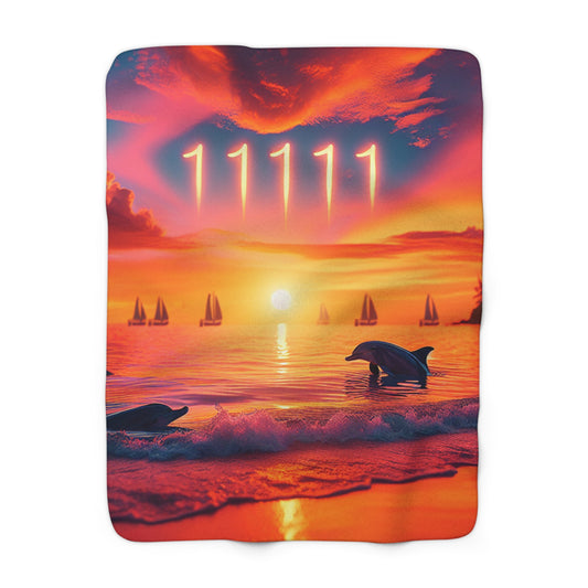 Sherpa Fleece Blanket -Angel Number 11111 Tropical Beach Sunset with Dolphins, Palm Trees, Sailboats, Spiritual Journey Gifts, Trust in