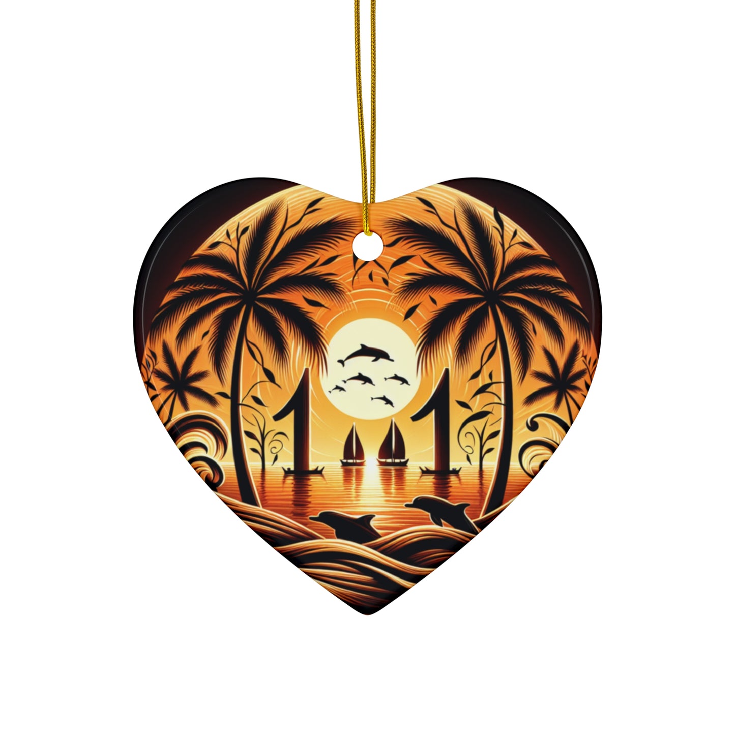 Ceramic Ornament Star, Heart, Snowflake or Circle 1111 "Paradise Serenity: Tropical Sunset Symphony" - Tropical Beach Sunset with Palm Trees, Dolphins, and Sailboats