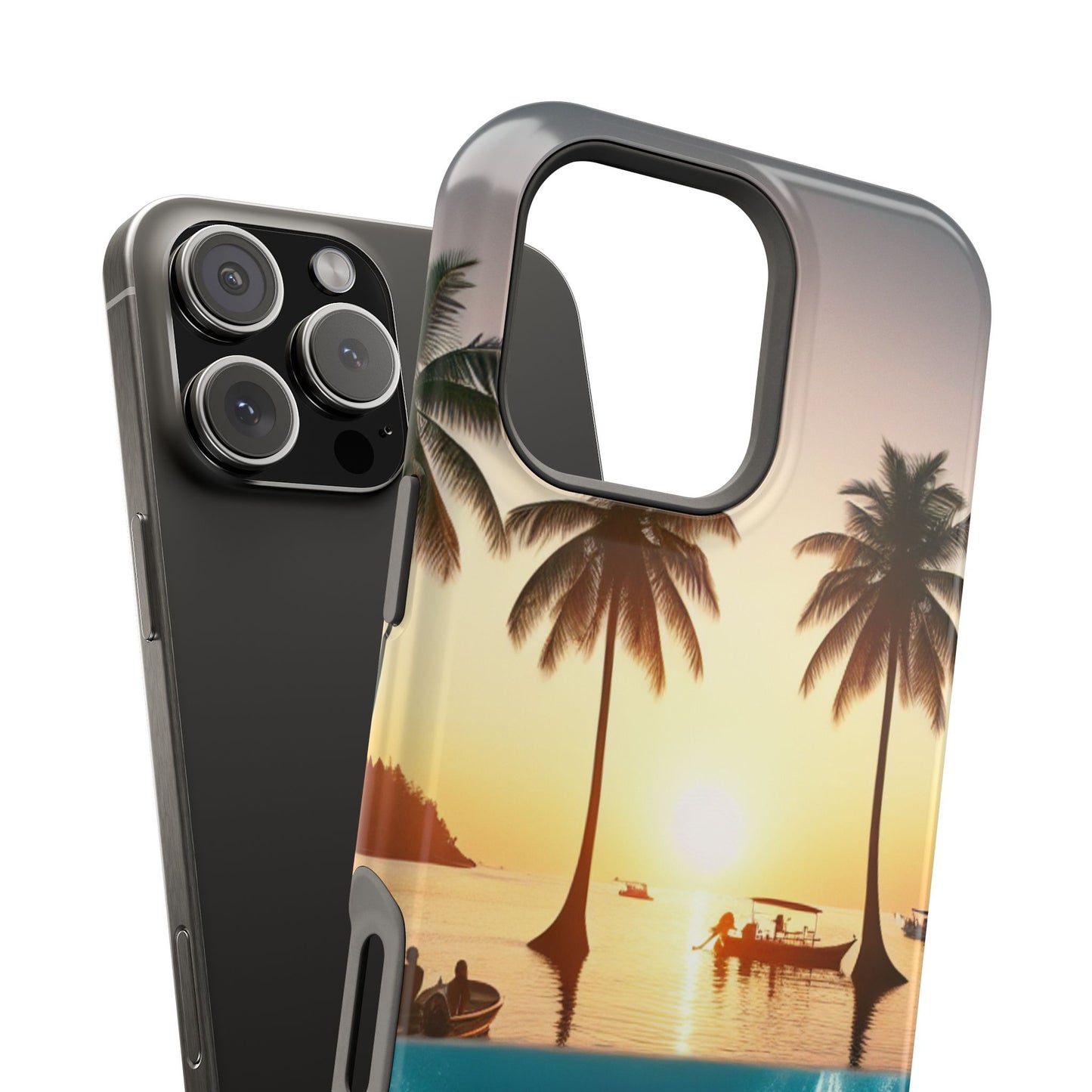 Magnetic Iphone 13-16 Pro and Max 1111 "Sunset Serenity: A Tropical Tapestry" - Tough Phone Case with Tropical Beach Sunset Dolphins ande Sailboats HD Art