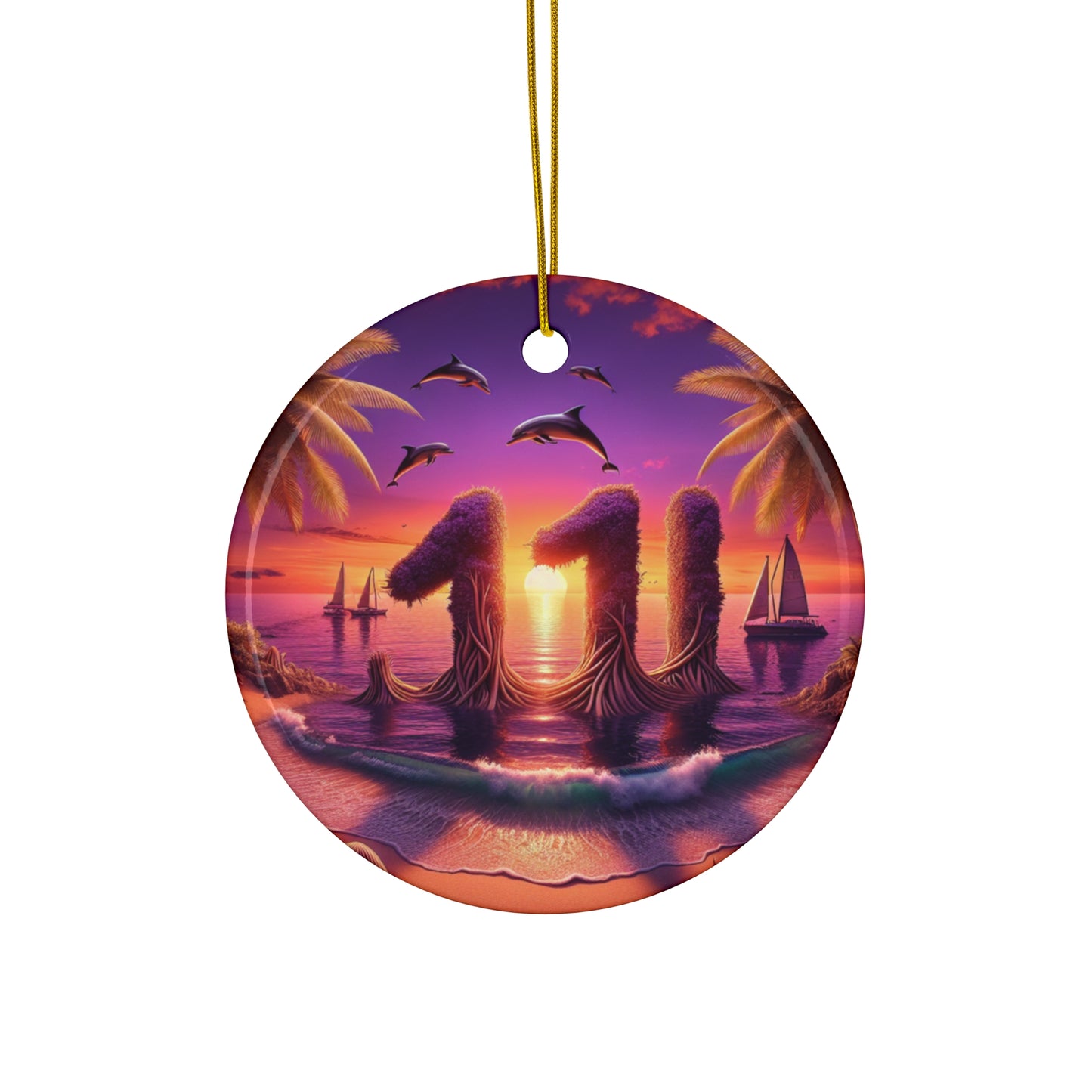 Ceramic Ornament Star, Heart, Snowflake or Circle 1111 "Paradise Pursuit: A Tropical Twilight Masterpiece" - Tropical Beach Sunset with Palm Trees, Dolphins, and Sailboats