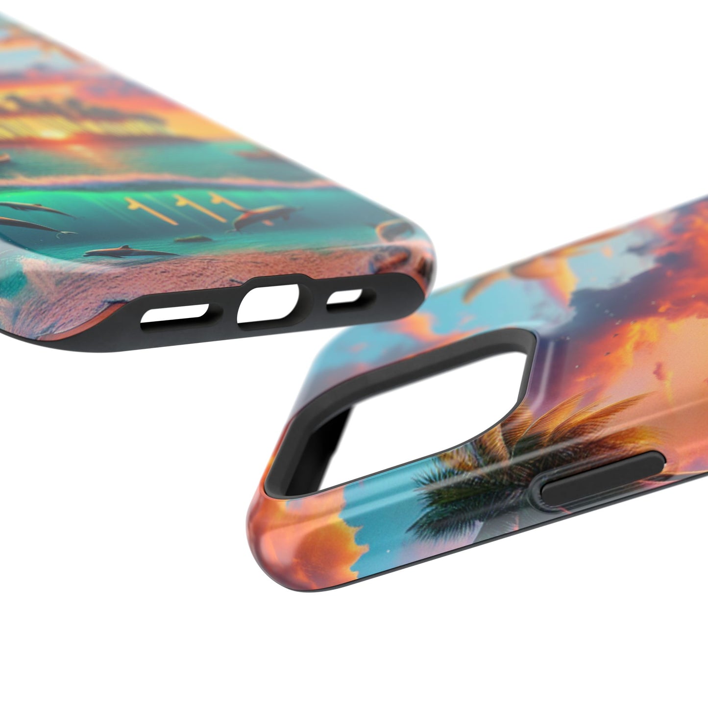 Magnetic Iphone 13-16 Pro and Max 1111 "Sundrenched Serenity: A Tropical Twilight Oasis" - Tough Phone Case with Tropical Beach Sunset Dolphins ande Sailboats HD Art