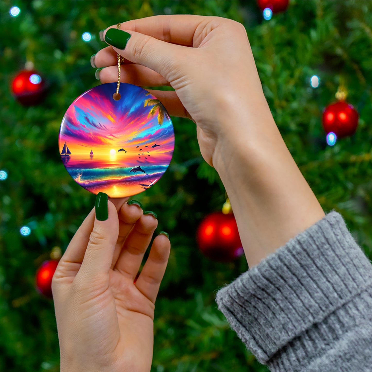 Ceramic Ornament - Tropical Beach Sunset Star, Heart, Snowflake, Circle, Dolphins, Sailboats - Holiday Christmas Tree Decoration, Gift for
