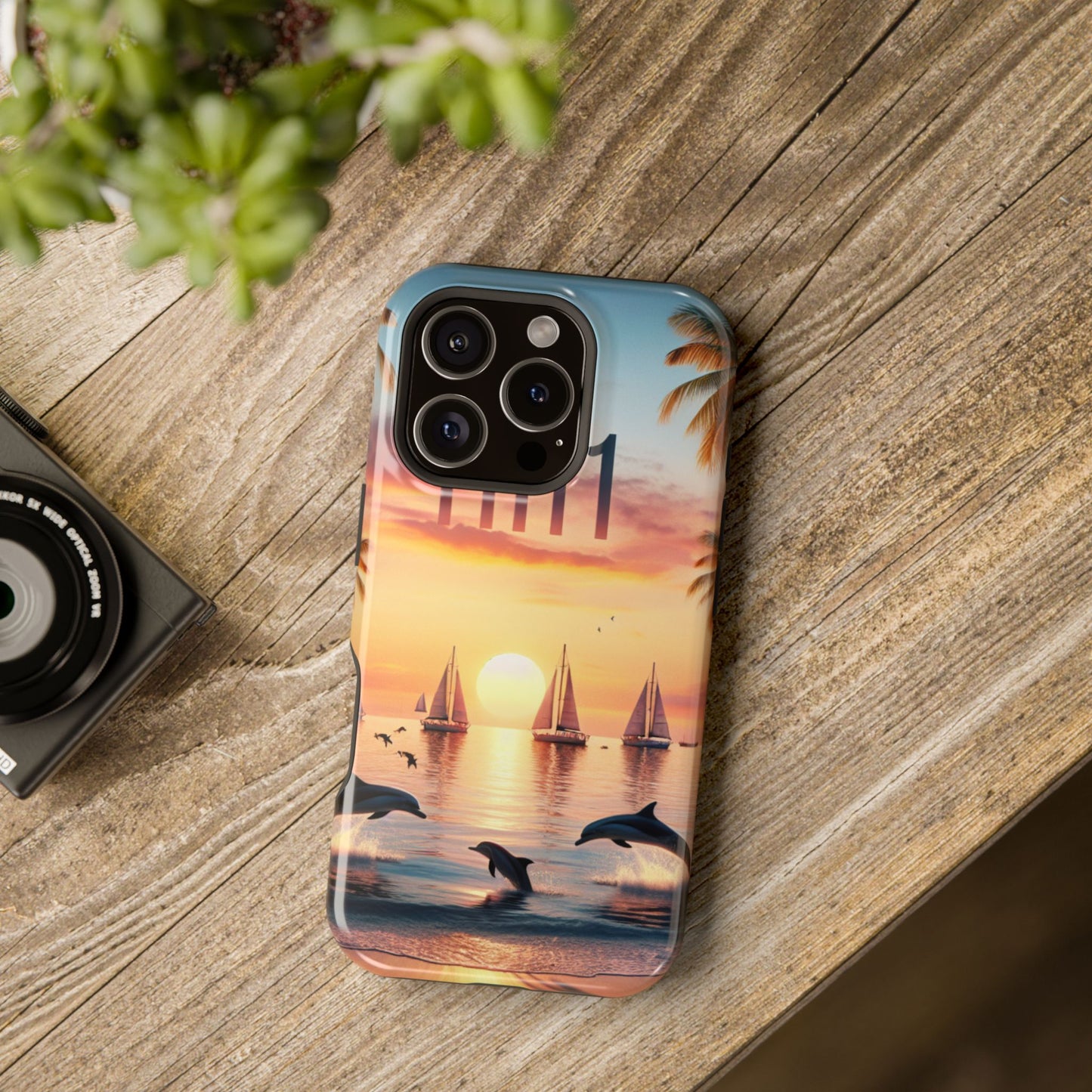 Magnetic Tough Phone case for phone 16 15 14 13 Pro Plus and Max  1111 "Sundrenched Solitude: A Tropical Twilight Tapestry" - Tough Phone Case with Tropical Beach Sunset Dolphins ande Sailboats HD Art