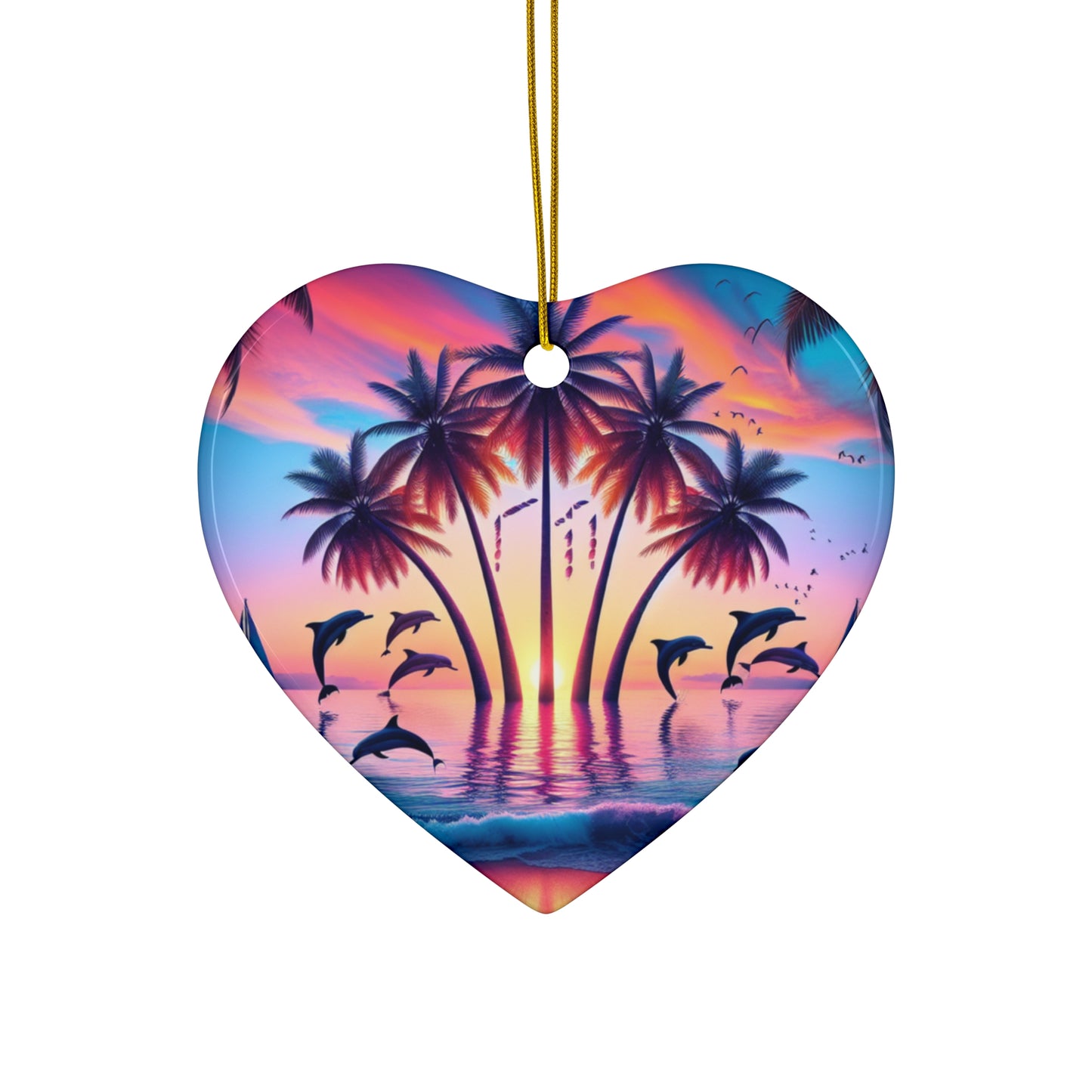 Ceramic Ornament Star, Heart, Snowflake or Circle 1111 "Paradise Twilight: A Tropical Transcendence" - Tropical Beach Sunset with Palm Trees, Dolphins, and Sailboats