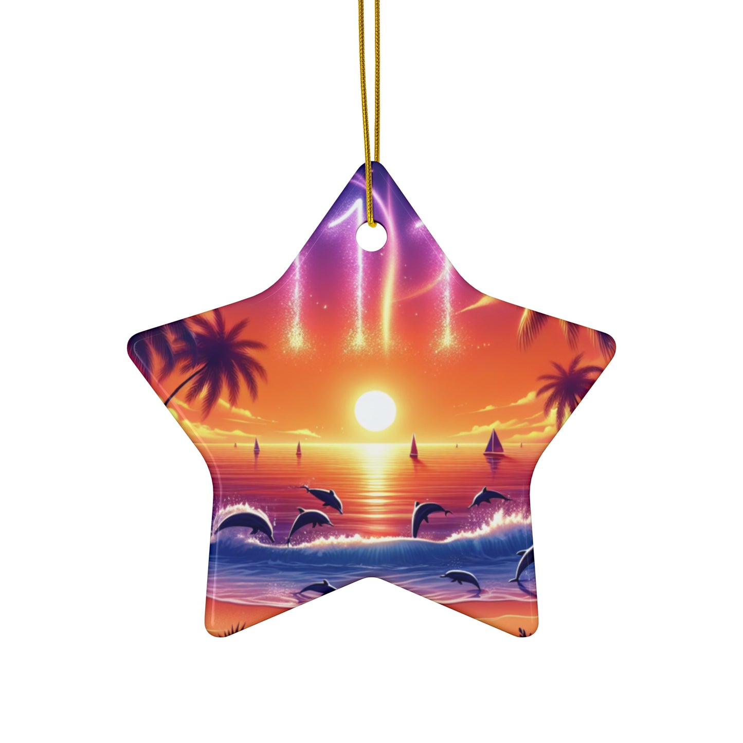 Ceramic Ornament Star, Heart, Snowflake or Circle 1111 "Paradise Serenity: A Tropical Sundown Symphony" - Tropical Beach Sunset with Palm Trees, Dolphins, and Sailboats