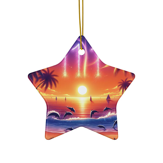 Ceramic Ornament Star, Heart, Snowflake or Circle 1111 "Paradise Serenity: A Tropical Sundown Symphony" - Tropical Beach Sunset with Palm Trees, Dolphins, and Sailboats