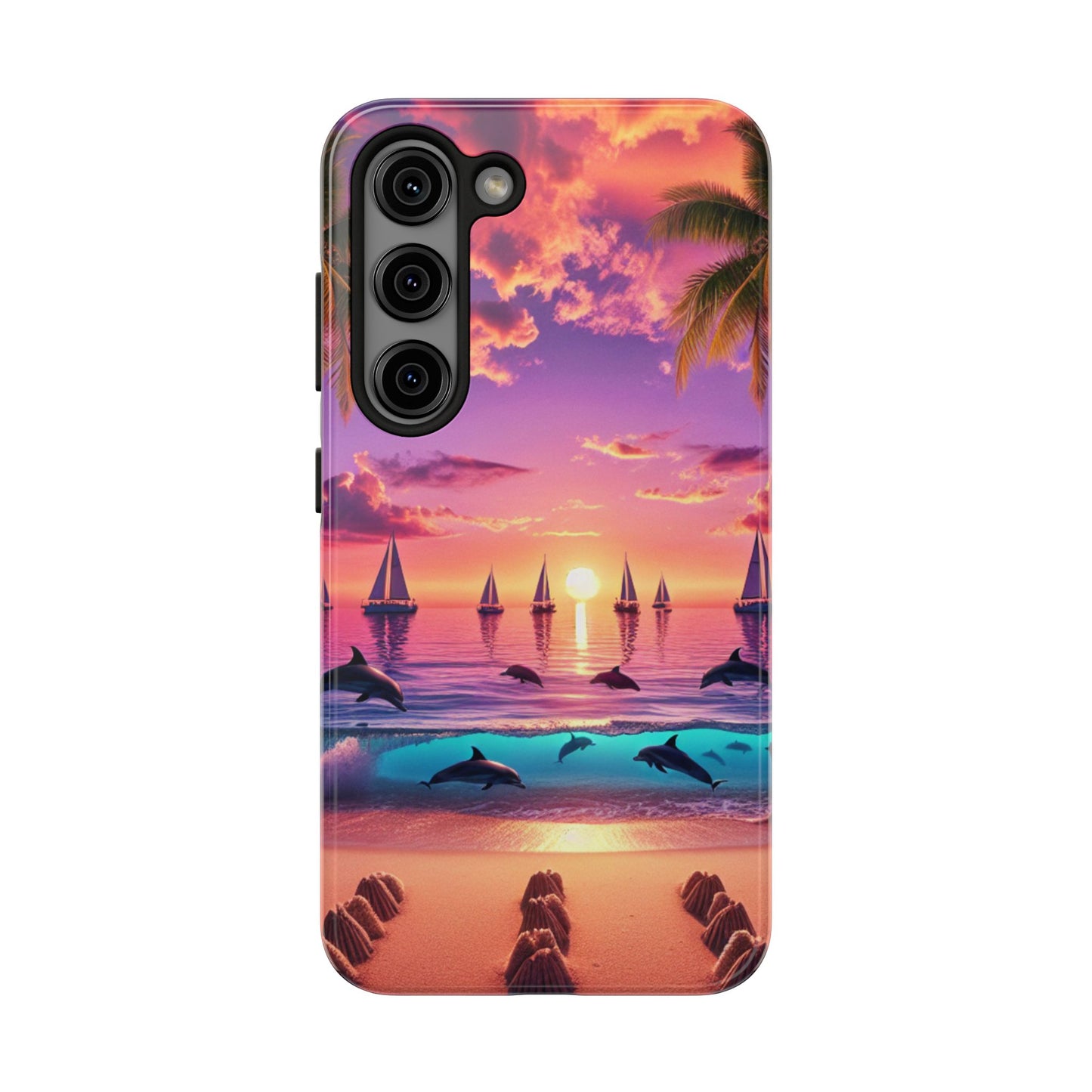 Samsung Galaxy S24 S23 S22 S21 Tough Phone Case "Paradise Twilight: Tropical Serenity" - 1111 Tropical Beach Palm Trees, Dolphins, and Sailboats Art