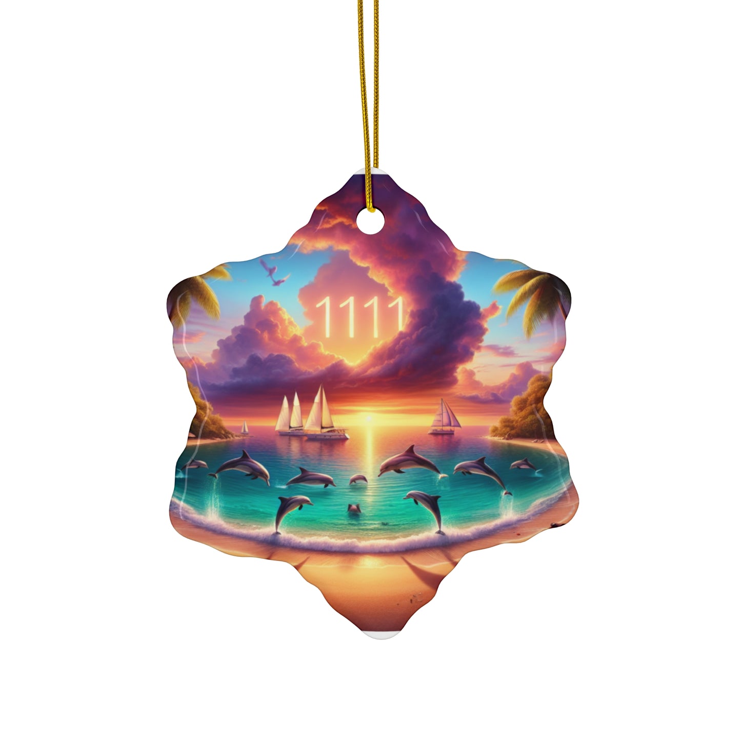 Ceramic Ornament Star, Heart, Snowflake or Circle 1111 "Serenade of the Tropics: An Ode to Sunset" - Tropical Beach Sunset with Palm Trees, Dolphins, and Sailboats