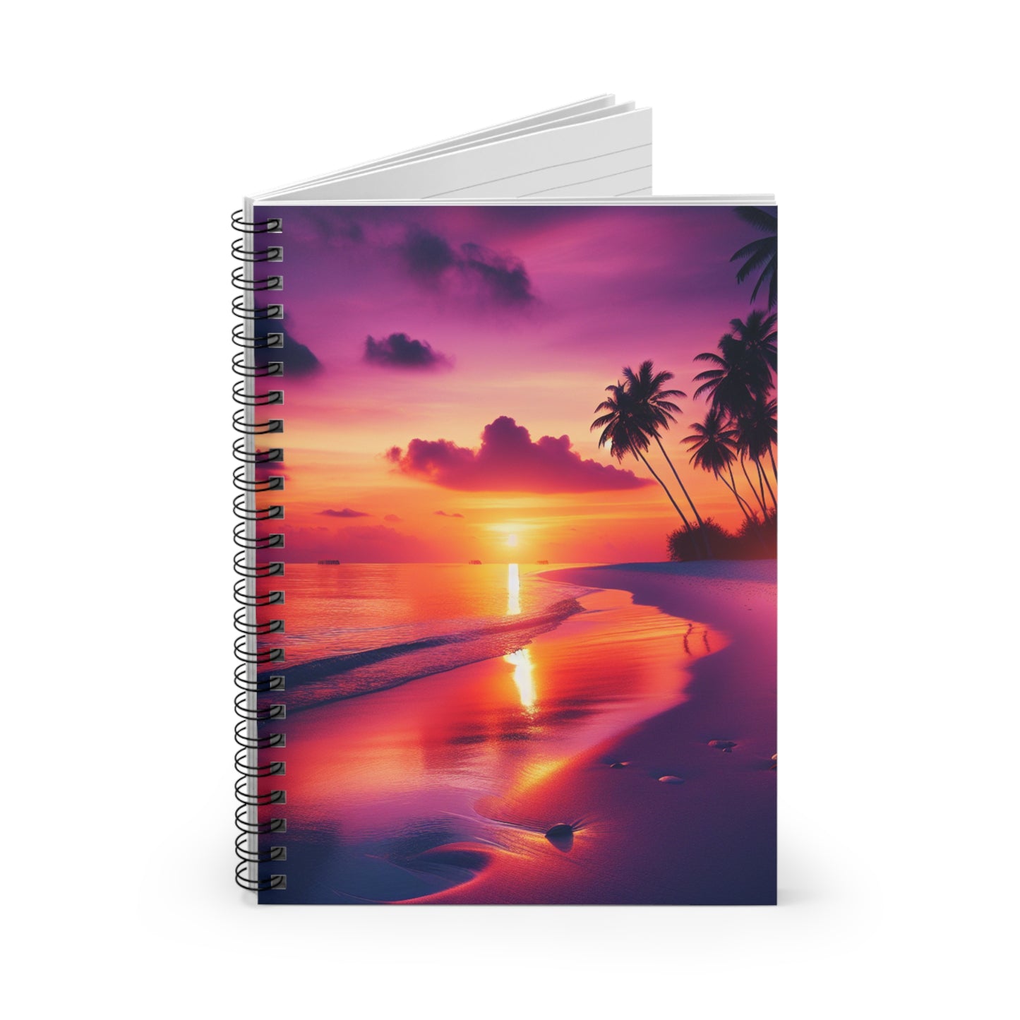 "Paradise Twilight: A Tropical Beach Sunset Symphony" - Spiral Notebook with Ruled Lines and Tropical Beach Sunset Palm Trees Art