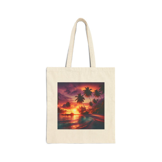 "Paradise Serenity: A Tropical Dusk Symphony" - Natural or Black Cotton Canvas Tote Bag with Tropical Beach Sunset and Palm Trees