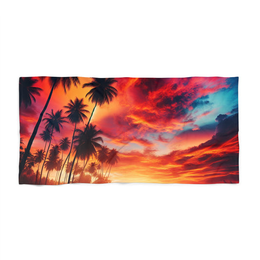 "Serenity Sands: A Tropical Twilight Masterpiece" - Tropical Beach Sunset with Palm Trees Beach Towel