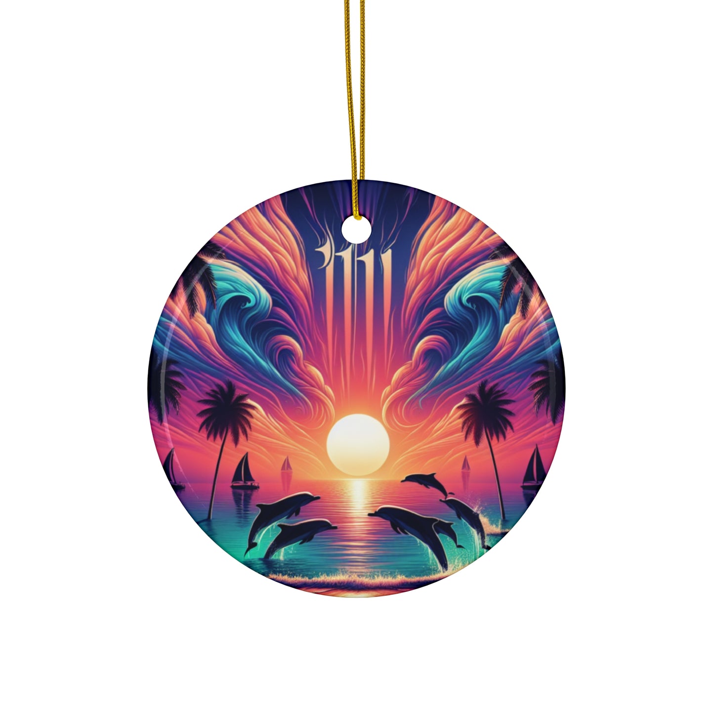 Ceramic Ornament Star, Heart, Snowflake or Circle 1111 "Paradise Dusk: A Tropical Serenade" - Tropical Beach Sunset with Palm Trees, Dolphins, and Sailboats