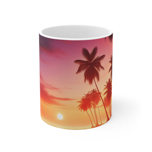 "Radiant Paradise: A Tropical Sundown Symphony" - Tropical Beach Sunset with Palm Trees 11oz White Mug