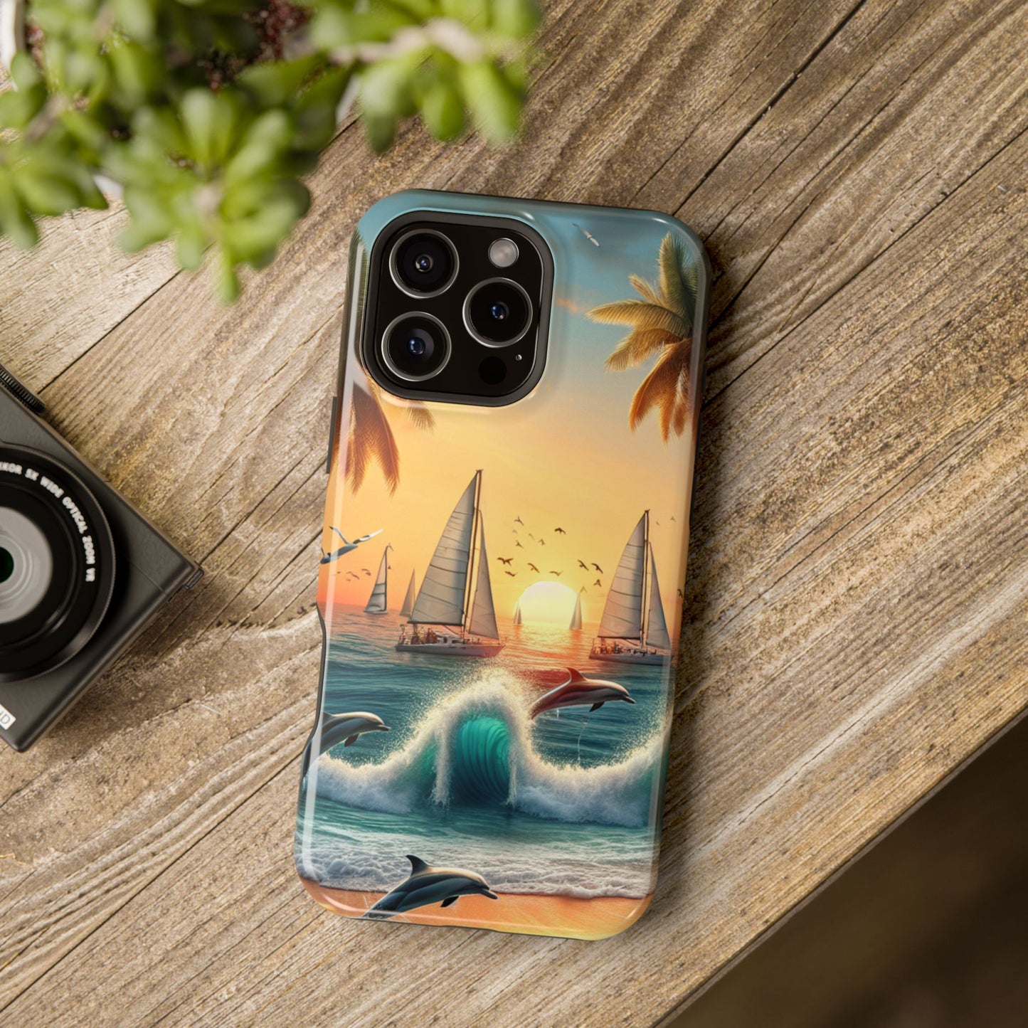 Phone Case,  Magnetic Tough Cases, Sundrenched Serenity, Iphone 13-16 Pro Plus & Max, Beach Sunset Dolphins Sailboats HD Art,