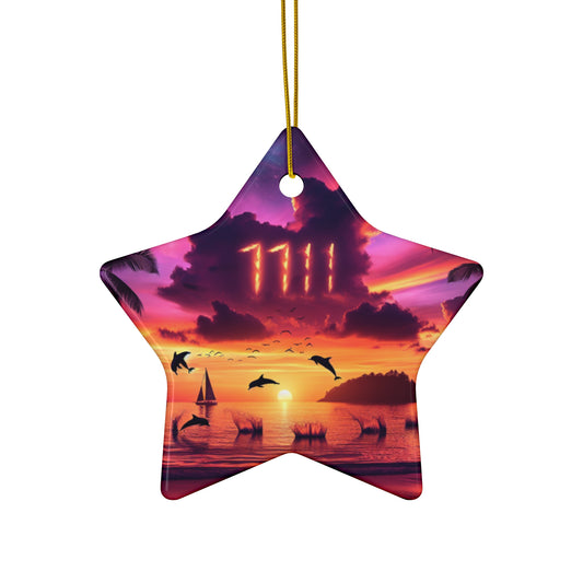 Ceramic Ornament Star, Heart, Snowflake or Circle 1111 "Paradise Twilight: A Serene Tropical Beacon" - Tropical Beach Sunset with Palm Trees, Dolphins, and Sailboats