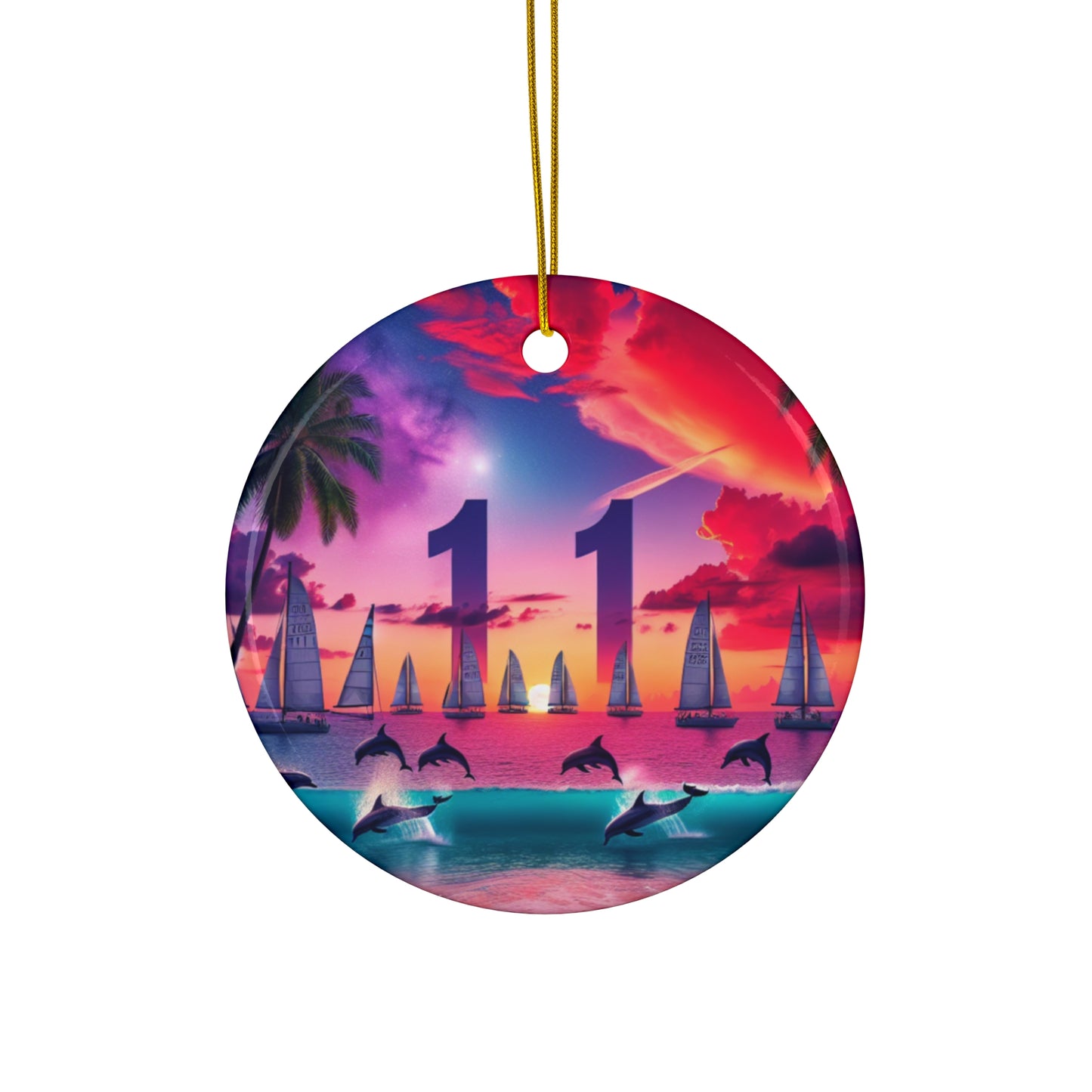 Ceramic Ornament Star, Heart, Snowflake or Circle 1111 "Paradise Luminance: A Tropical Sundown Symphony" - Tropical Beach Sunset with Palm Trees, Dolphins, and Sailboats