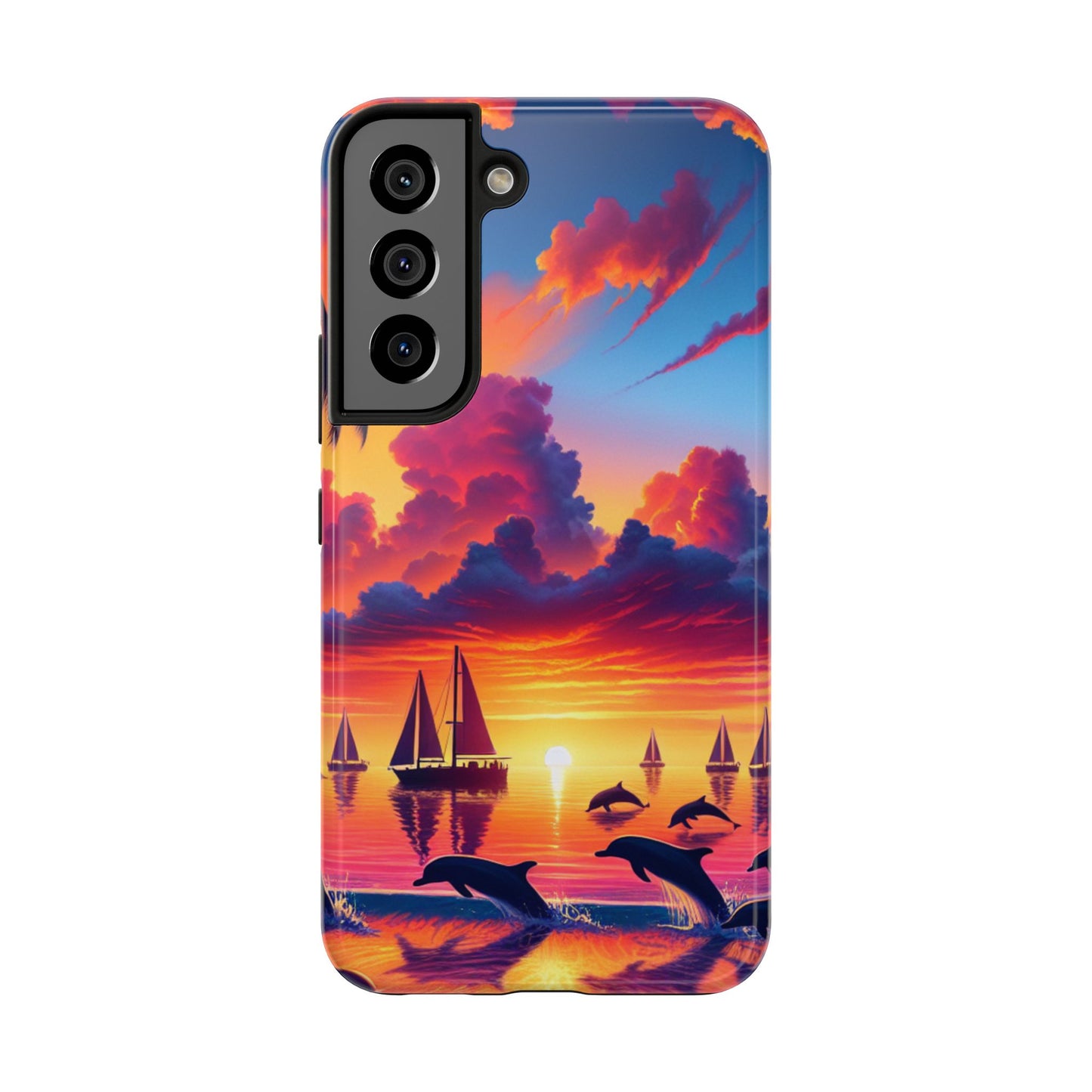 Samsung Galaxy S24 S23 S22 S21 Tough Phone Case "Serenity Sands: A Tropical Sunset Masterpiece" - 1111 Tropical Beach Palm Trees, Dolphins, and Sailboats Art