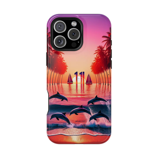 Magnetic Iphone 13-16 Pro and Max 1111 "Twilight Serenity: Tropical Beach Haven" - Tough Phone Case with Tropical Beach Sunset Dolphins ande Sailboats HD Art