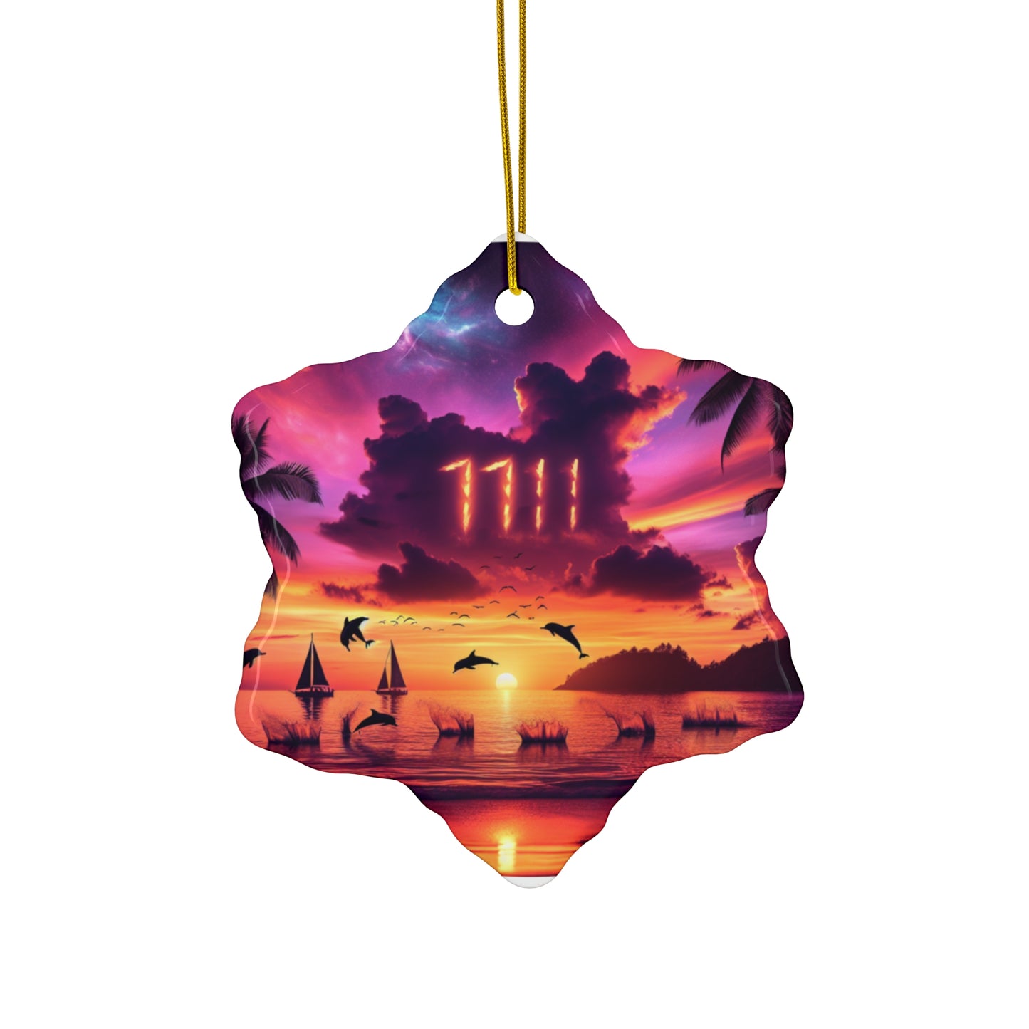 Ceramic Ornament Star, Heart, Snowflake or Circle 1111 "Paradise Twilight: A Serene Tropical Beacon" - Tropical Beach Sunset with Palm Trees, Dolphins, and Sailboats