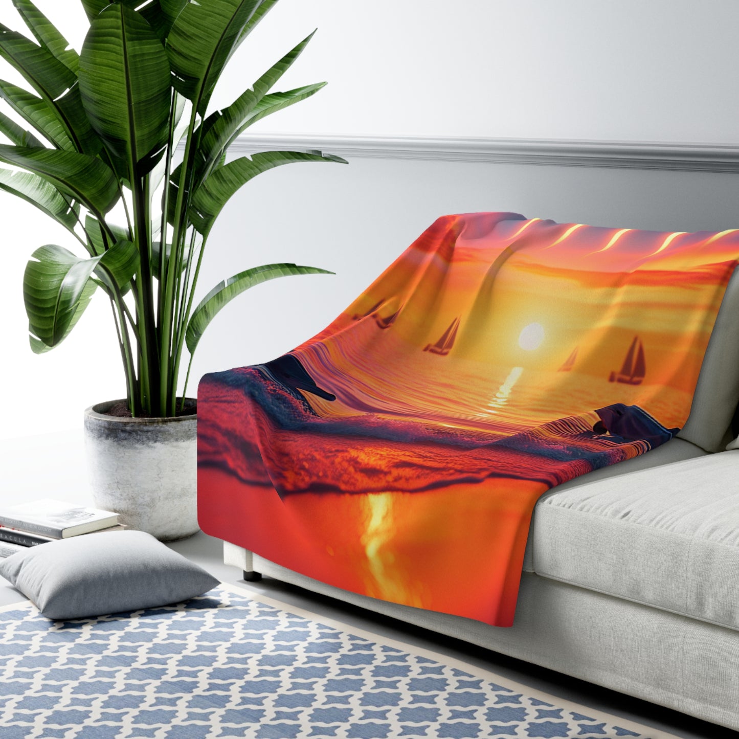 Sherpa Fleece Blanket -Angel Number 11111 Tropical Beach Sunset with Dolphins, Palm Trees, Sailboats, Spiritual Journey Gifts, Trust in